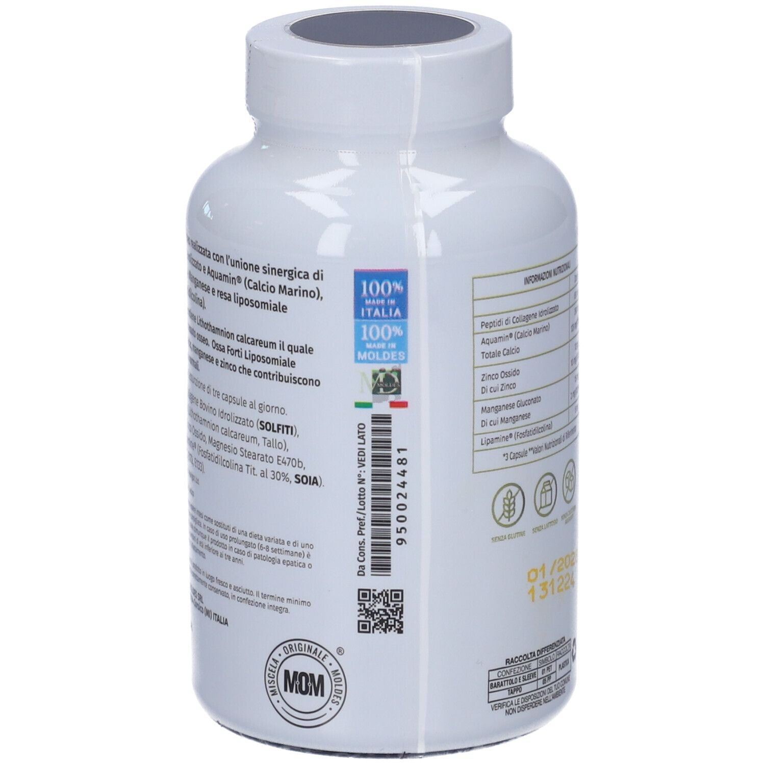Flacone bianco 'Ossa Forti Liposomiale'. Contiene 120 capsule. Retro con informazioni e codice QR.