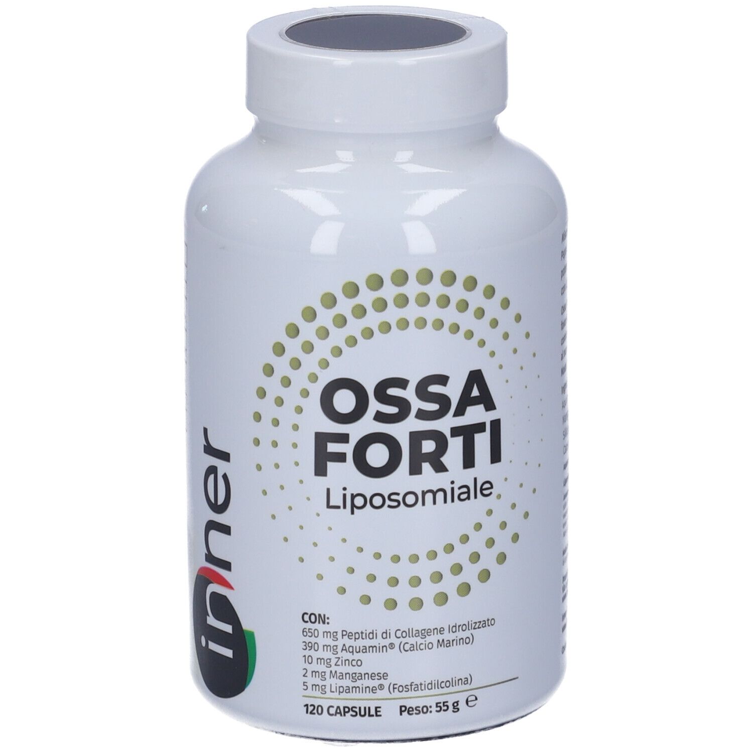 Flacone bianco con scritta 'Ossa Forti Liposomiale'. Contiene 120 capsule. Marchio 'Inner'.