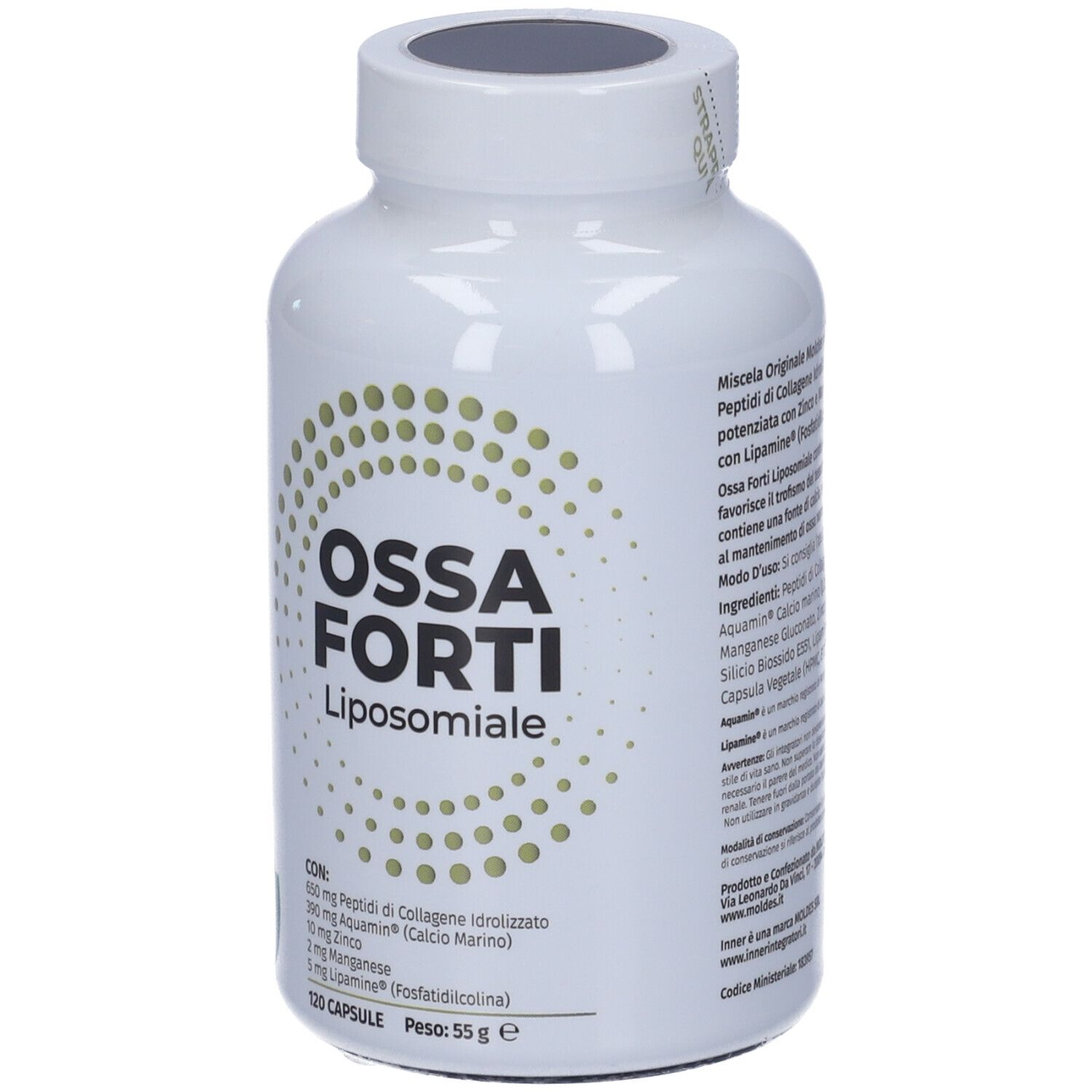 Flacone bianco con scritta 'Ossa Forti Liposomiale'. Contiene 120 capsule. Marchio 'Inner'.