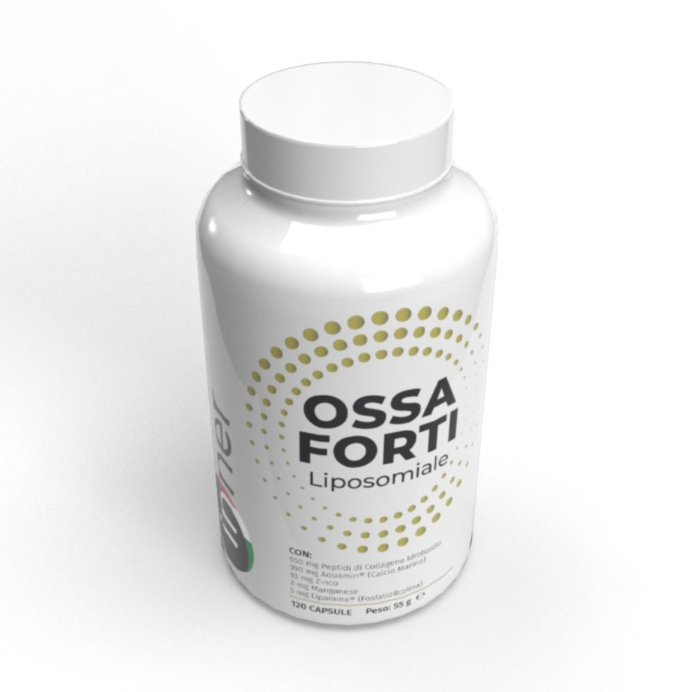 Flacone bianco con scritta 'Ossa Forti Liposomiale'. Contiene 120 capsule. Marchio 'Inner'.