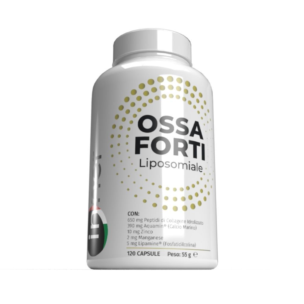 Flacone bianco con scritta 'Ossa Forti Liposomiale'. Contiene 120 capsule. Marchio 'Inner'.