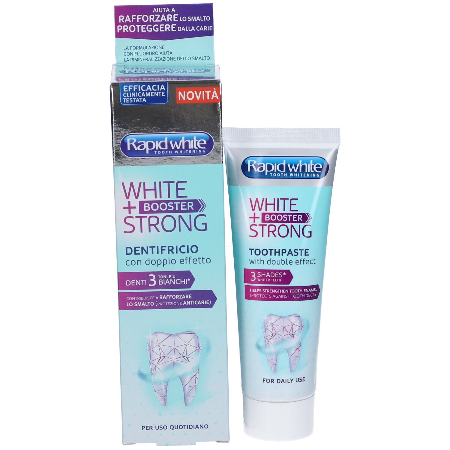 Rapid White White + Booster Strong Zahnpasta mit doppeltem Effekt. Weiße Zähne, 3 Nuancen heller.