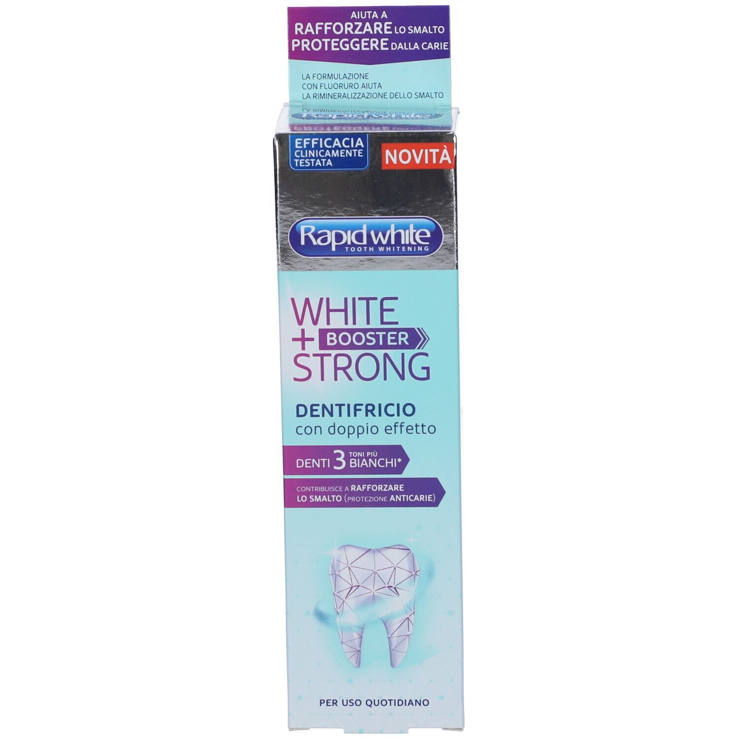 Verpackung für Rapid White Zahnpasta, White + Booster Strong, doppelte Wirkung, für täglichen Gebrauch.