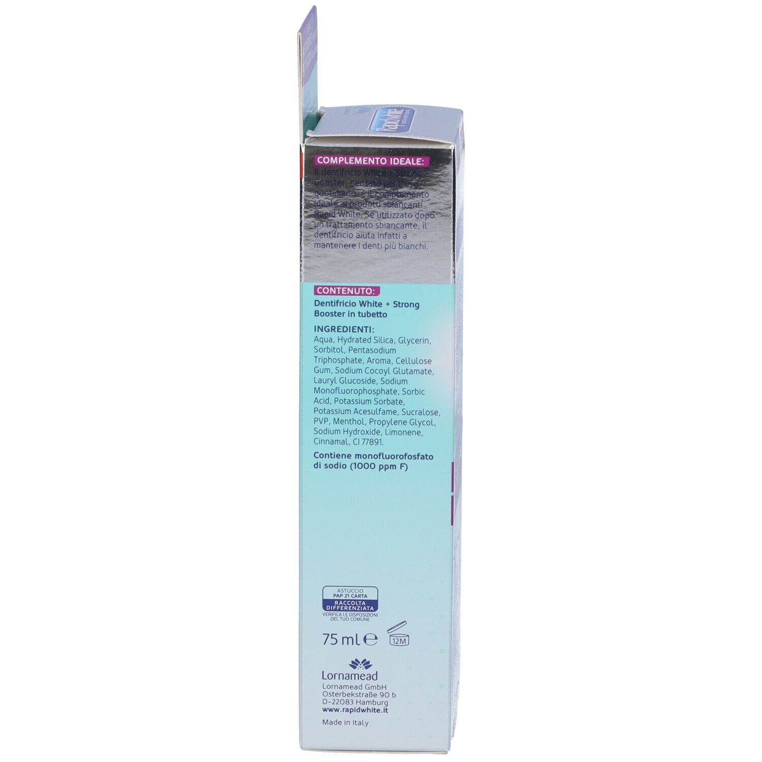 Zahncreme White + Strong Booster in Tube, 75 ml. Enthält Natriummonofluorphosphat (1000 ppm F).