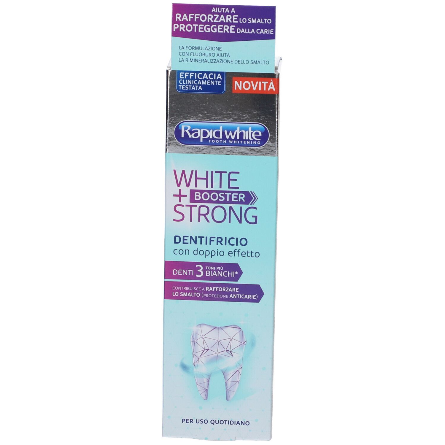 Zahnpastaschachtel mit 'Rapid White White + Booster Strong' Aufdruck, für doppelte Wirkung und weißere Zähne.