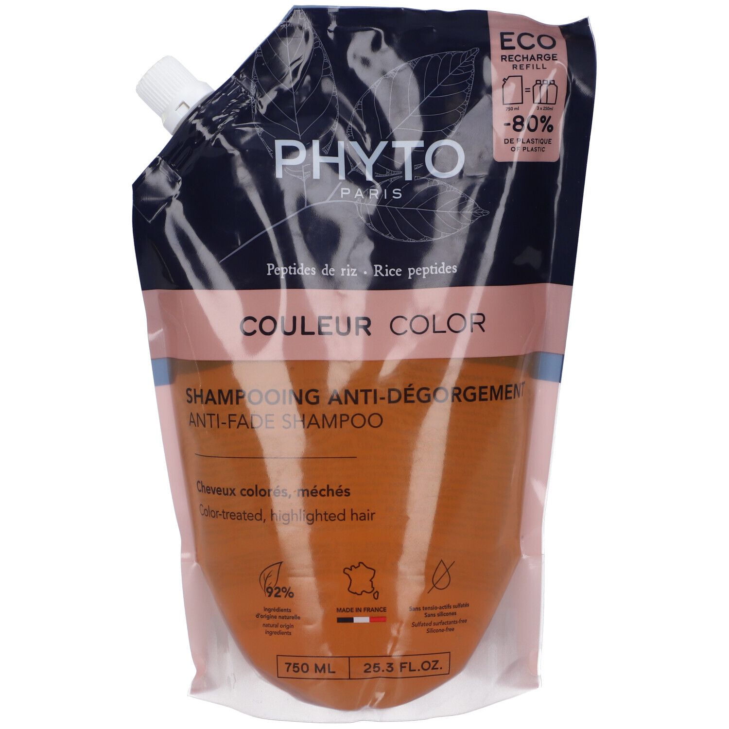 Ricarica shampoo. Confezione morbida, marrone e blu. Testo: "COULEUR COLOR", "ANTI-FADE SHAMPOO".