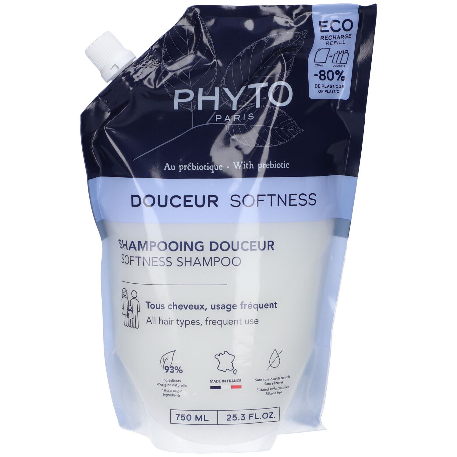 Ricarica shampoo Phyto Douceur. Sacchetto bianco e blu con beccuccio. Testo: "Phyto Paris", "Douceur Softness", "Shampooing Douceur".