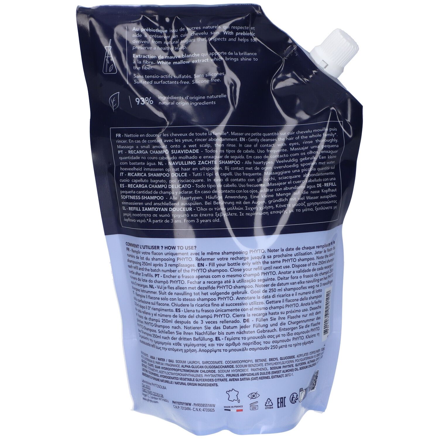 Retro della ricarica shampoo Phyto Douceur. Testo in più lingue, tra cui italiano, francese, tedesco e olandese.