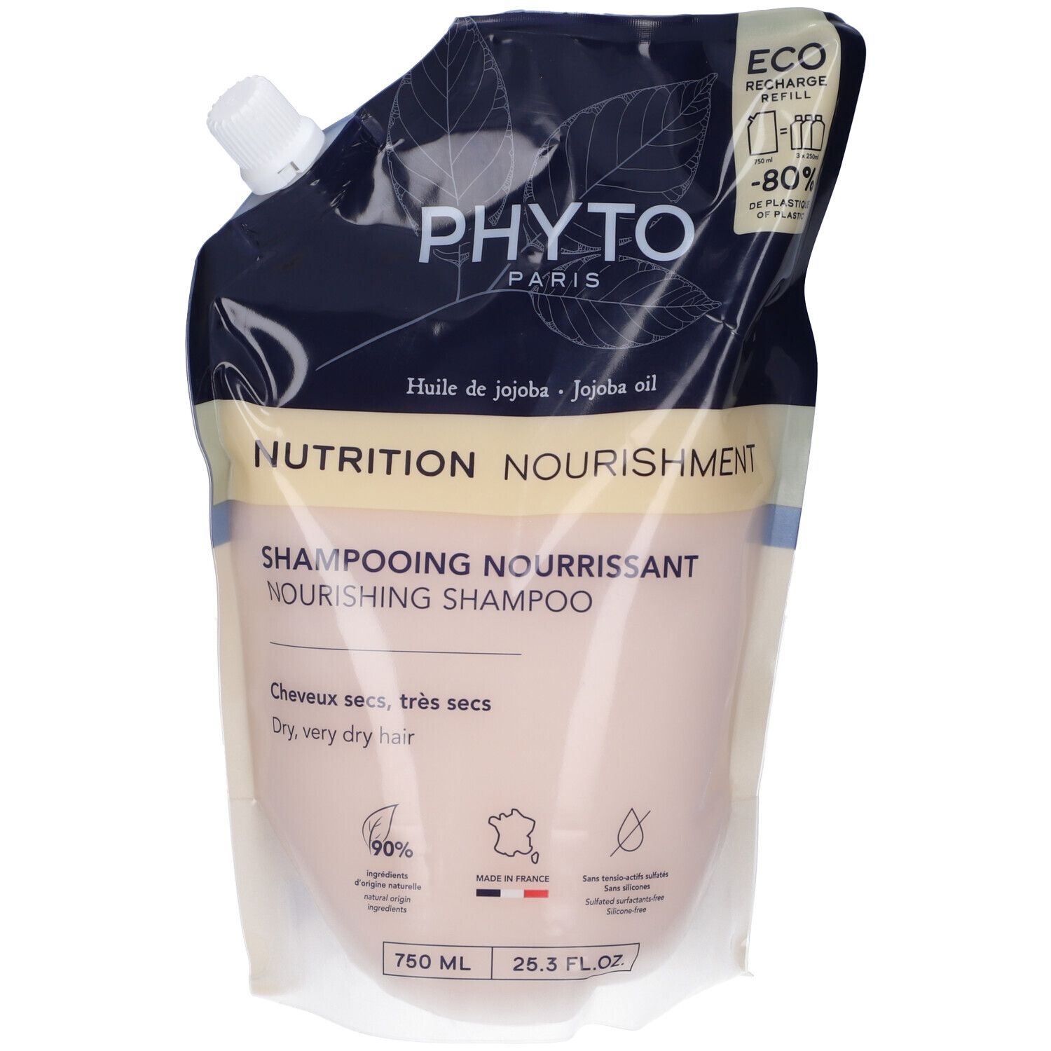 Ricarica shampoo Phyto Paris. Confezione flessibile con testo e logo. Scritta "Nutrition Nourishment".