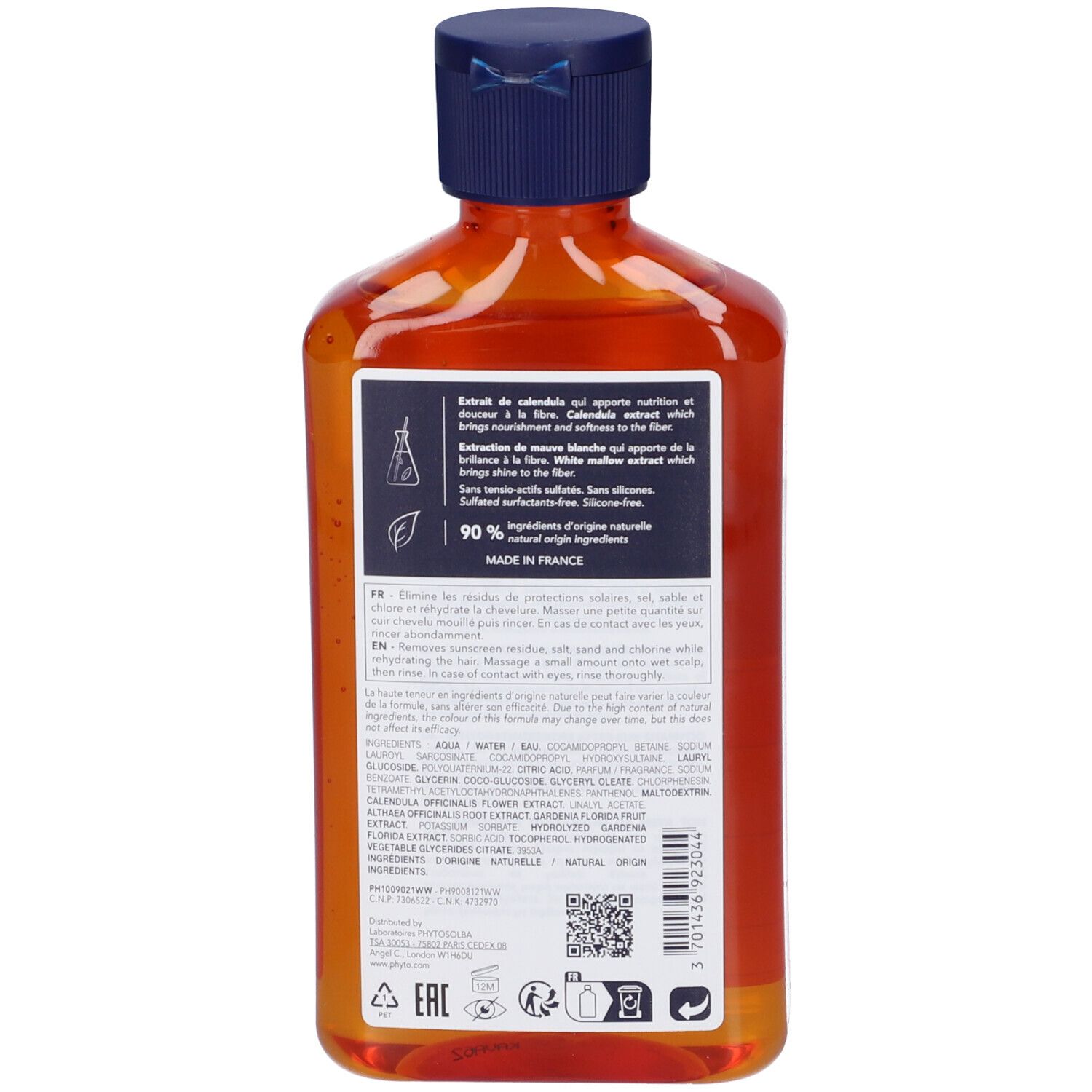 Retro del flacone di shampoo Phyto Plage. Etichetta con ingredienti e informazioni. Liquido trasparente.