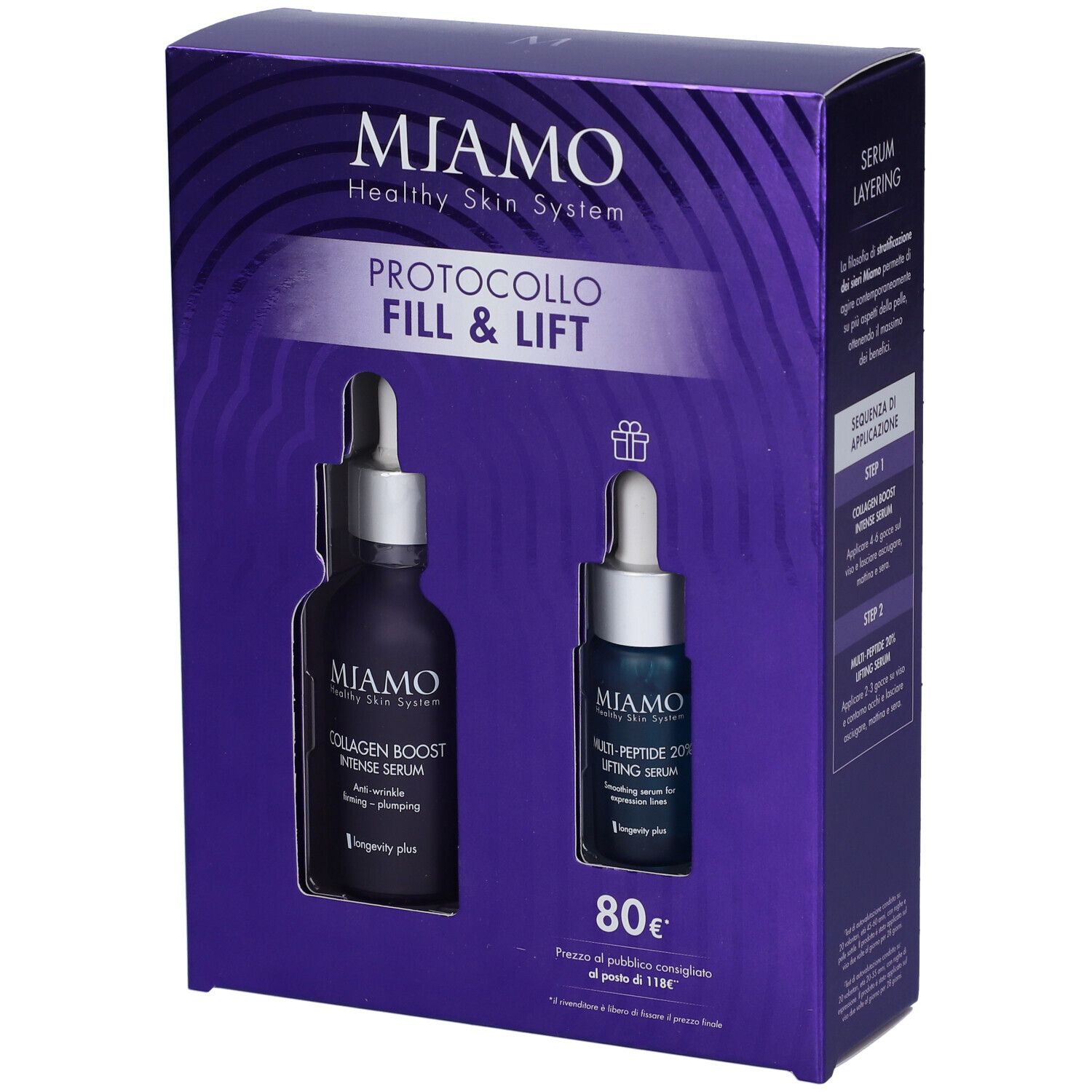 Confezione Miamo Protocollo Fill & Lift. Contiene Collagen Boost Intense Serum e Multi-Peptide 20% Lifting Serum. Flaconi con contagocce.