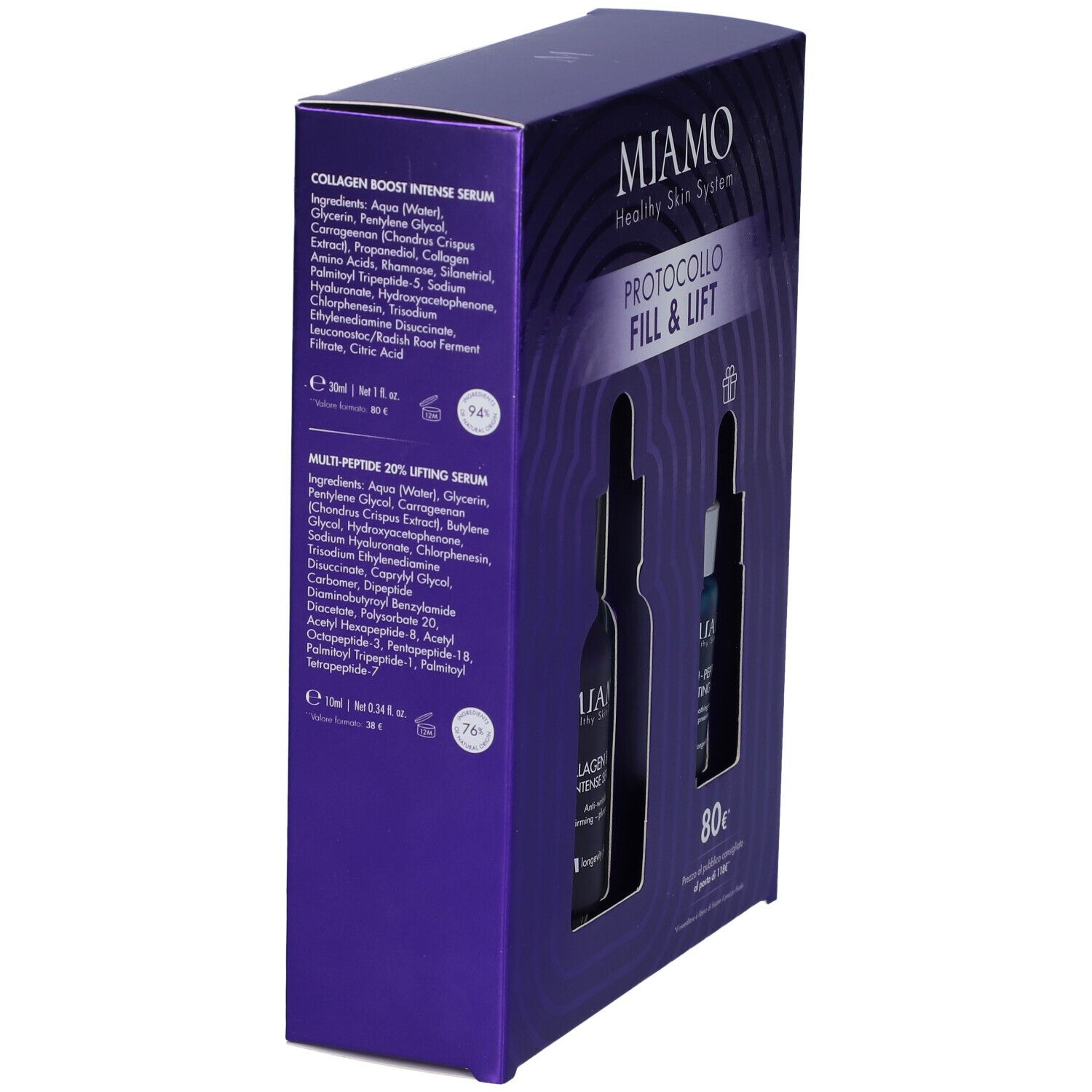 Lato della confezione. Ingredienti di Collagen Boost Intense Serum e Multi-Peptide 20% Lifting Serum. Marchio Miamo, Protocollo Fill & Lift.