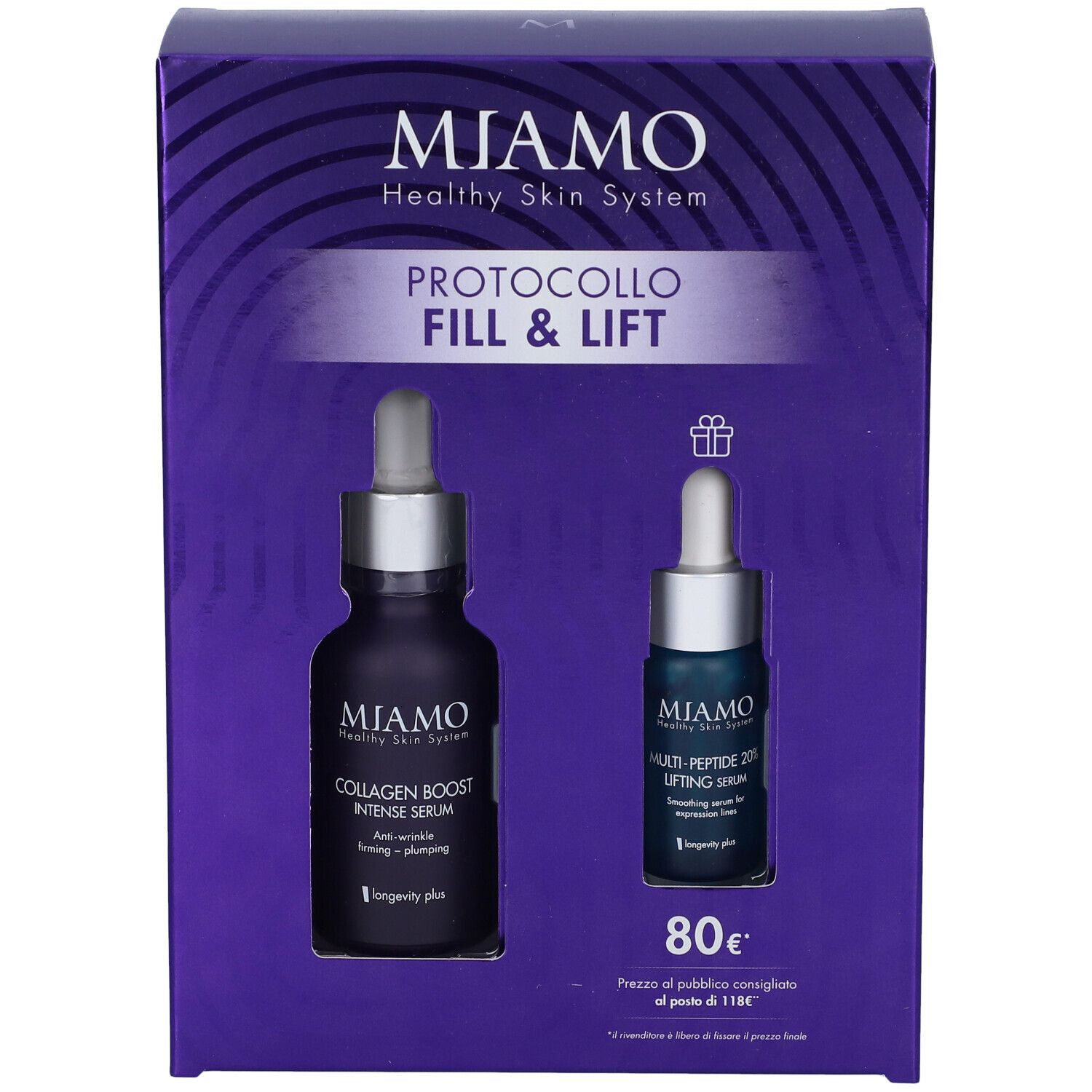 Confezione Miamo Protocollo Fill & Lift. Contiene Collagen Boost Intense Serum e Multi-Peptide 20% Lifting Serum. Flaconi con contagocce.