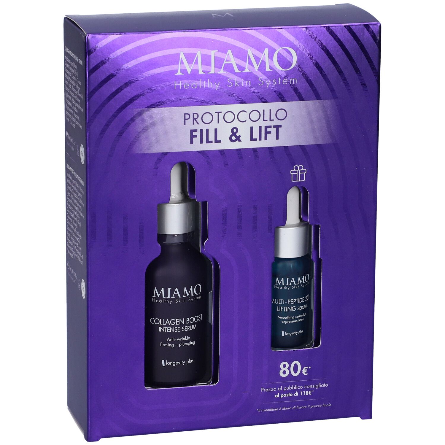 Confezione Miamo Protocollo Fill & Lift. Contiene Collagen Boost Intense Serum e Multi-Peptide 20% Lifting Serum. Flaconi con contagocce.