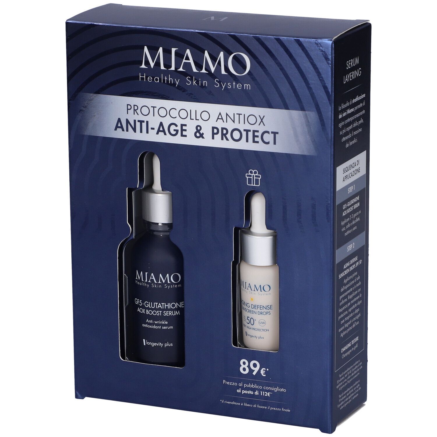 Confezione regalo MIAMO. Contiene due flaconi: siero e protezione solare. Scritta: PROTOCOLLO ANTIOX ANTI-AGE & PROTECT.