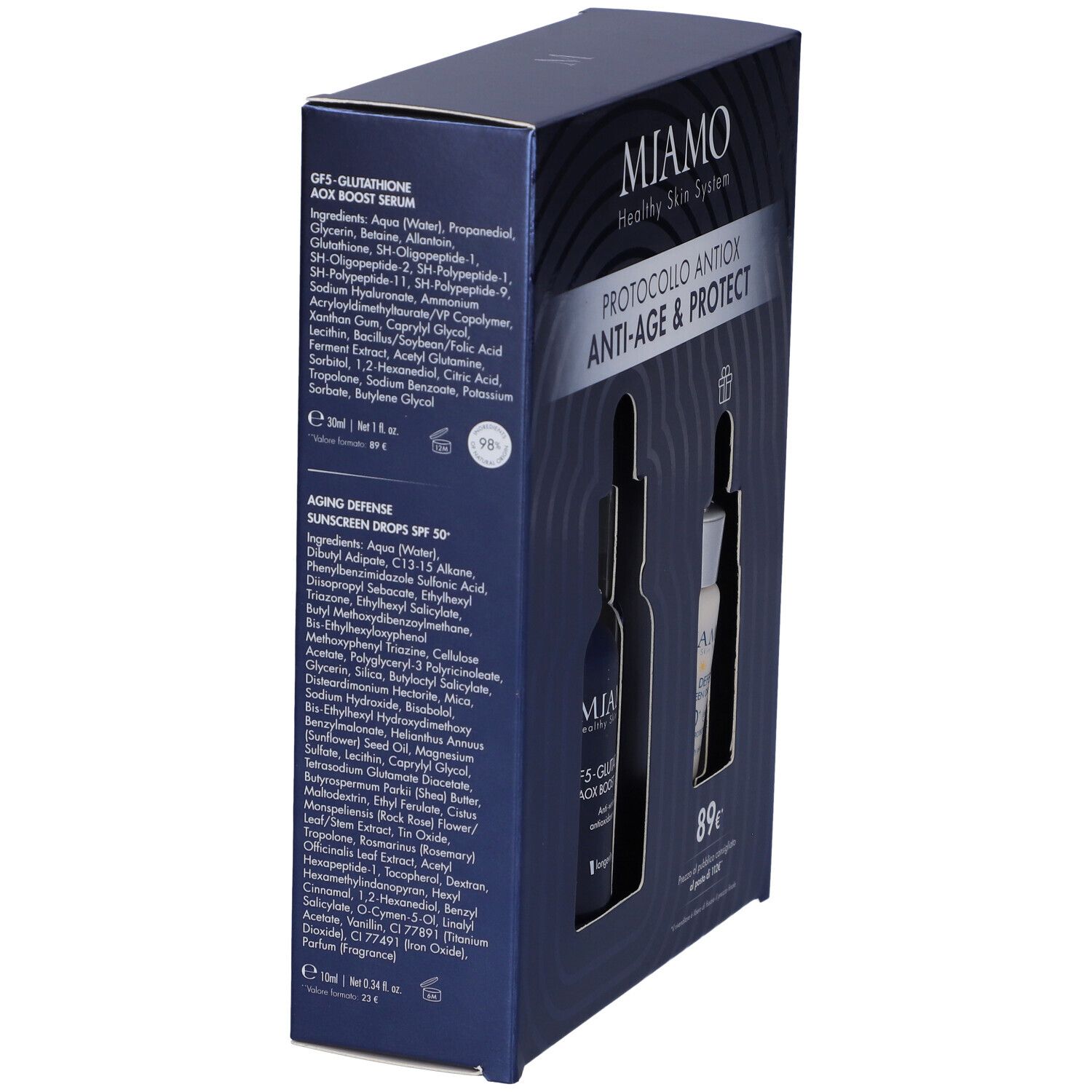 Confezione MIAMO. Scritta: PROTOCOLLO ANTIOX ANTI-AGE & PROTECT. Contiene ingredienti e informazioni sul prodotto.