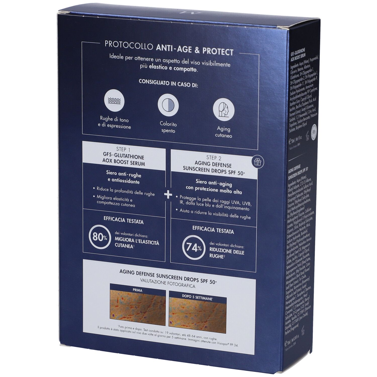Retro confezione MIAMO. Contiene informazioni sui prodotti e risultati dei test. Scritta: PROTOCOLLO ANTI-AGE & PROTECT.