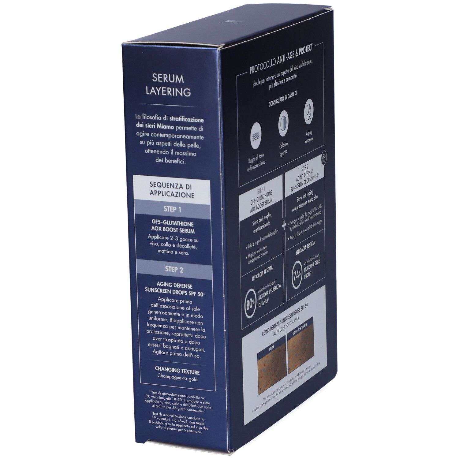 Vista laterale confezione MIAMO. Contiene informazioni sull'uso e ingredienti. Scritta: PROTOCOLLO ANTI-AGE & PROTECT.