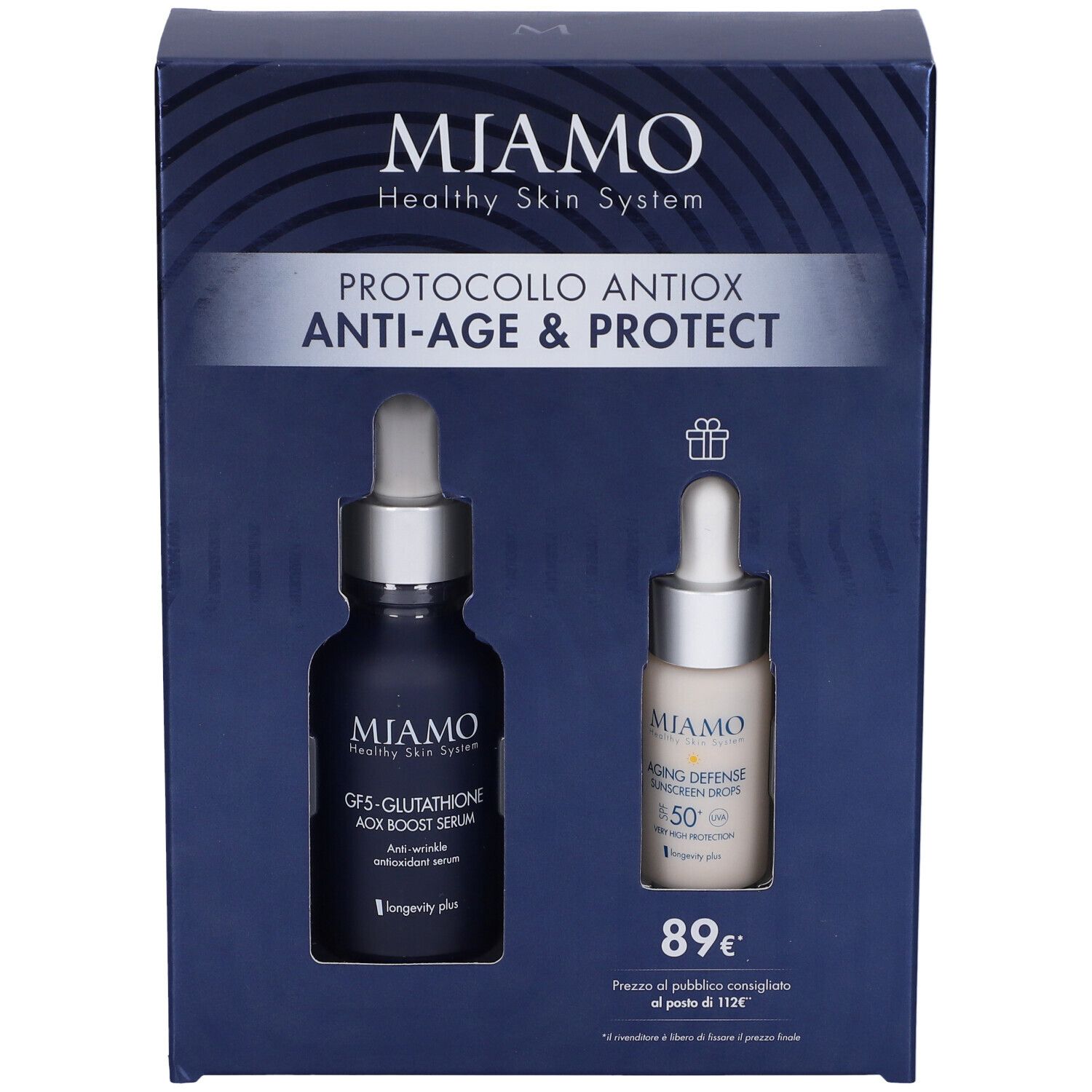 Confezione regalo MIAMO. Contiene due flaconi: siero e protezione solare. Scritta: PROTOCOLLO ANTIOX ANTI-AGE & PROTECT.