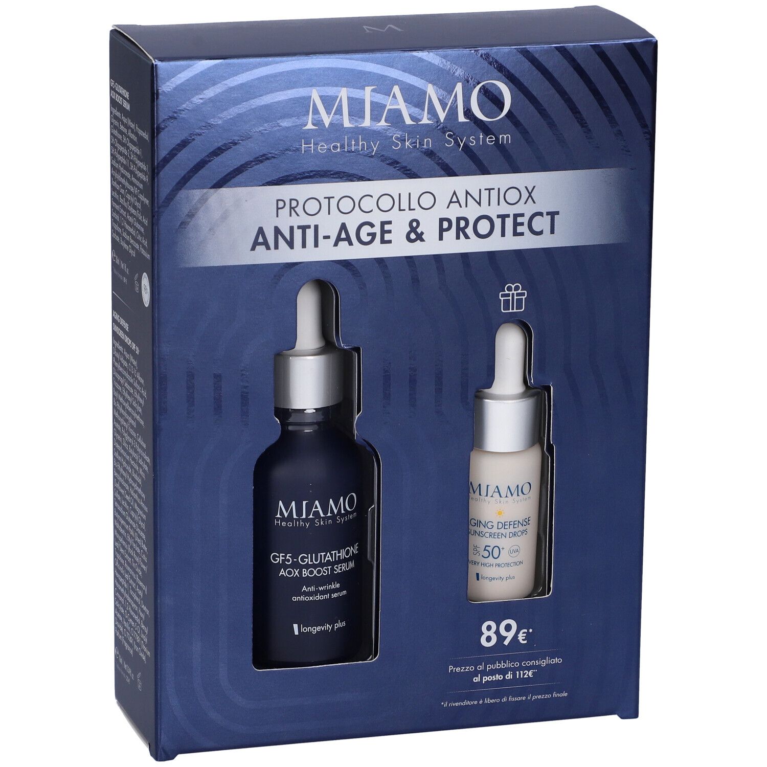 Confezione regalo MIAMO. Contiene due flaconi: siero e protezione solare. Scritta: PROTOCOLLO ANTIOX ANTI-AGE & PROTECT.