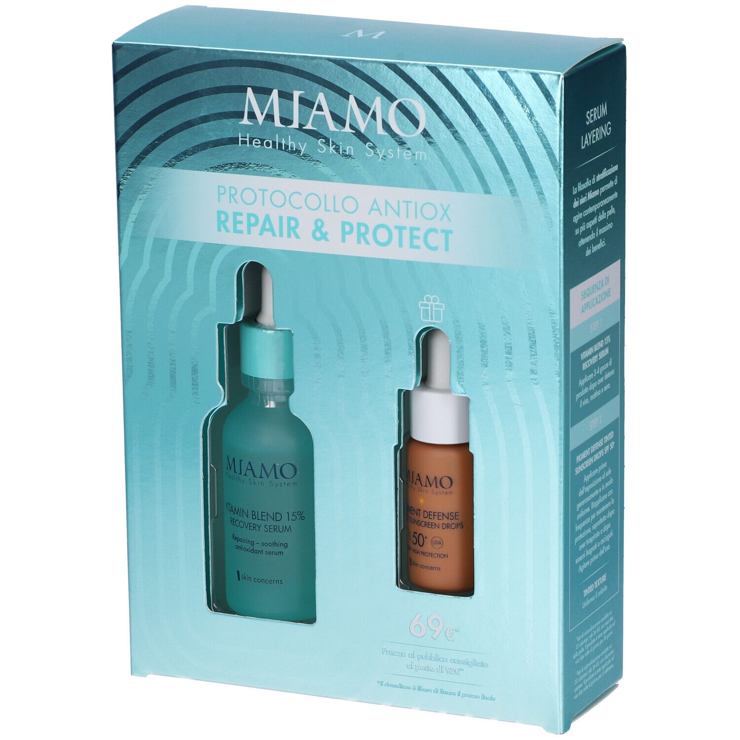 Confezione regalo con due flaconi. Scritta: MIAMO, PROTOCOLLO ANTIOX REPAIR & PROTECT. Un flacone verde, uno marrone.