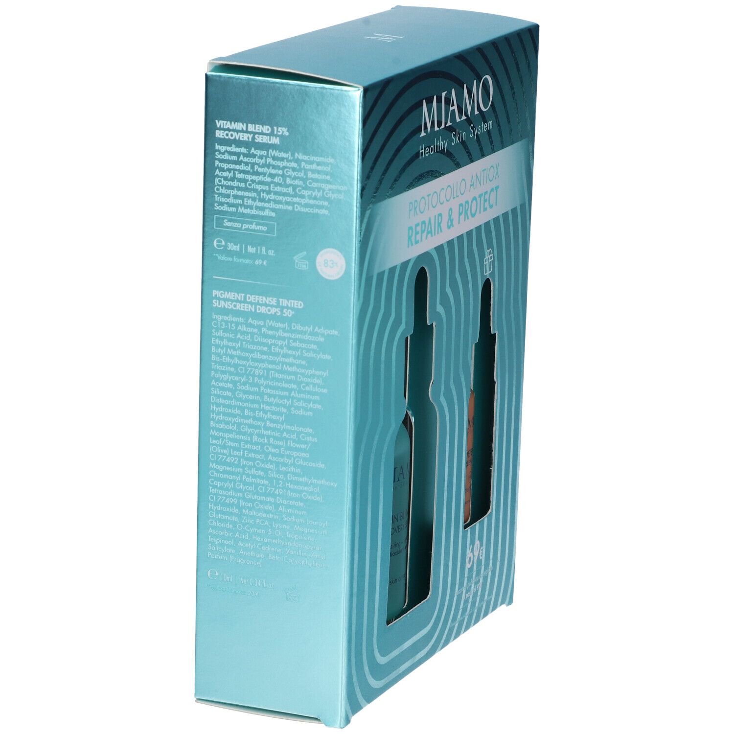 Vista laterale della confezione regalo. Testo: MIAMO, PROTOCOLLO ANTIOX REPAIR & PROTECT. Ingredienti e informazioni sul prodotto.