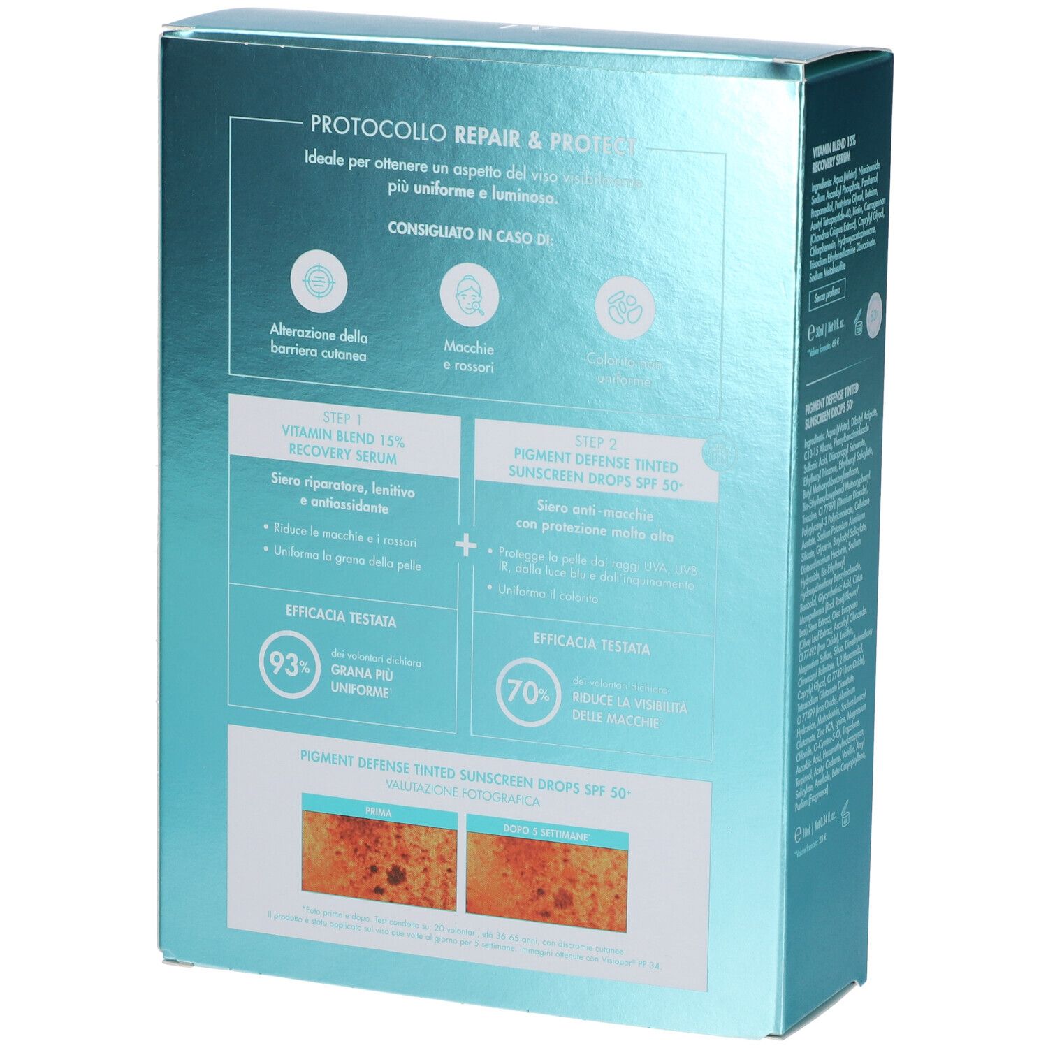 Retro della confezione regalo. Testo: PROTOCOLLO REPAIR & PROTECT. Grafici e informazioni sul prodotto. Risultati 93% e 70%.