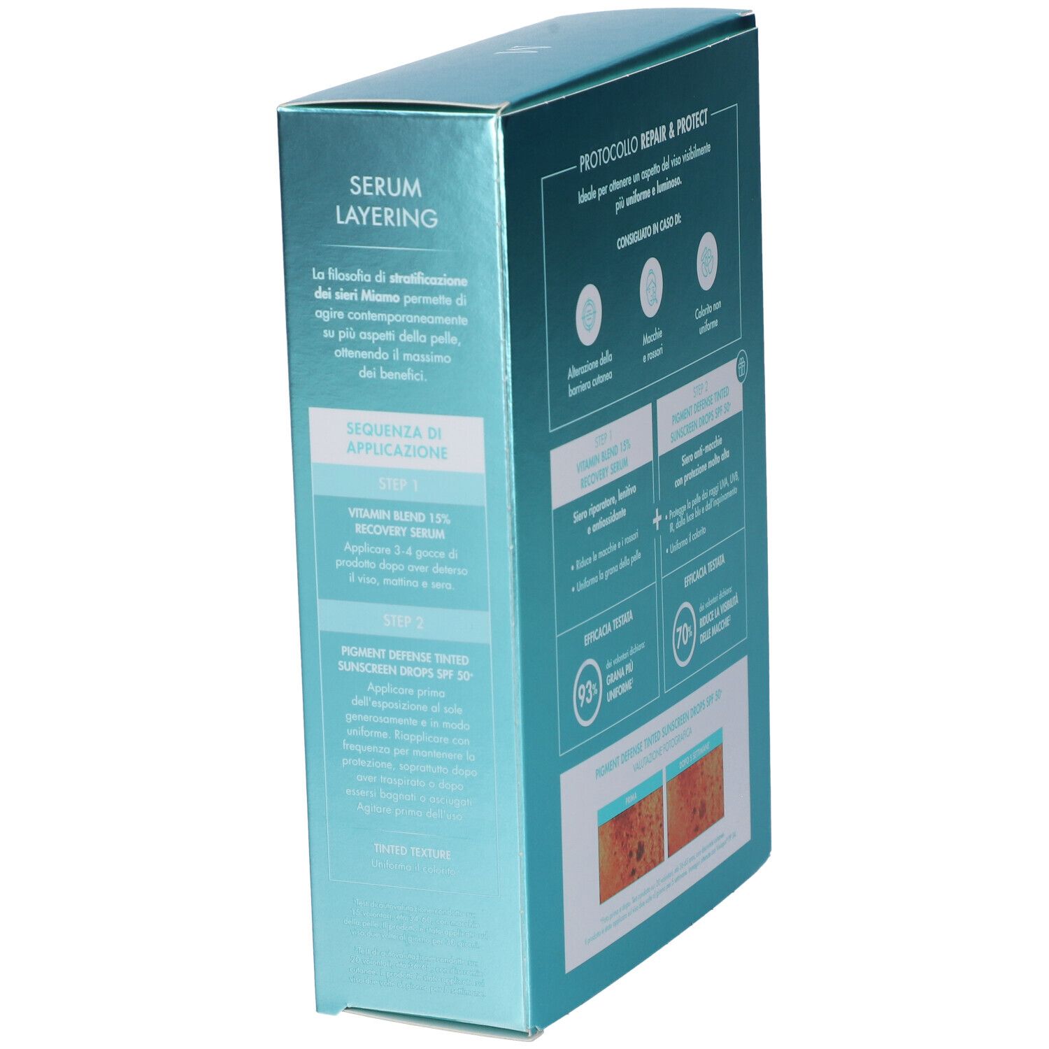 Vista laterale della confezione regalo. Testo: PROTOCOLLO REPAIR & PROTECT. Ordine di applicazione e informazioni sul prodotto.