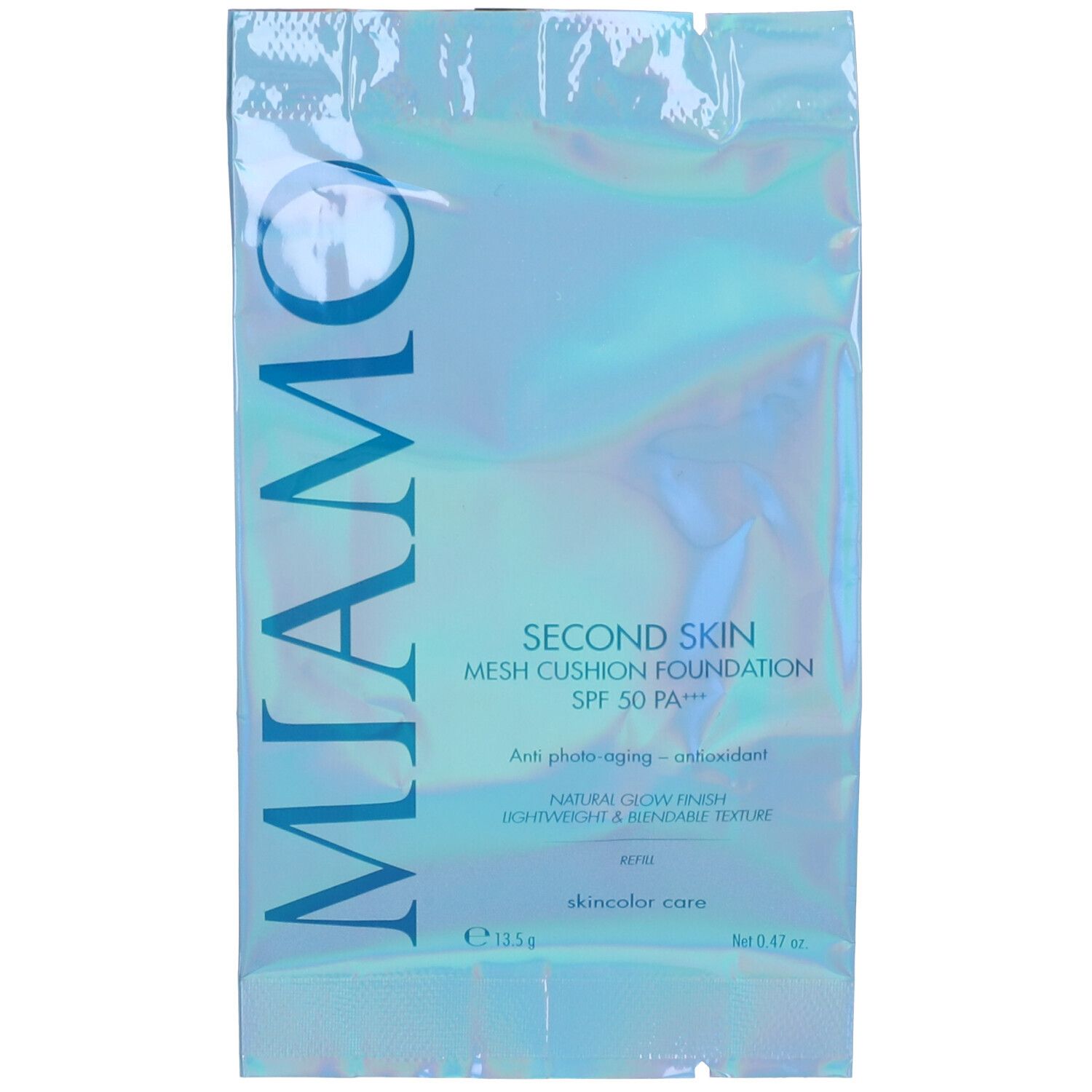Miamo Second Skin Mesh Cushion Foundation, Bronze. Confezione olografica con informazioni e logo del prodotto.