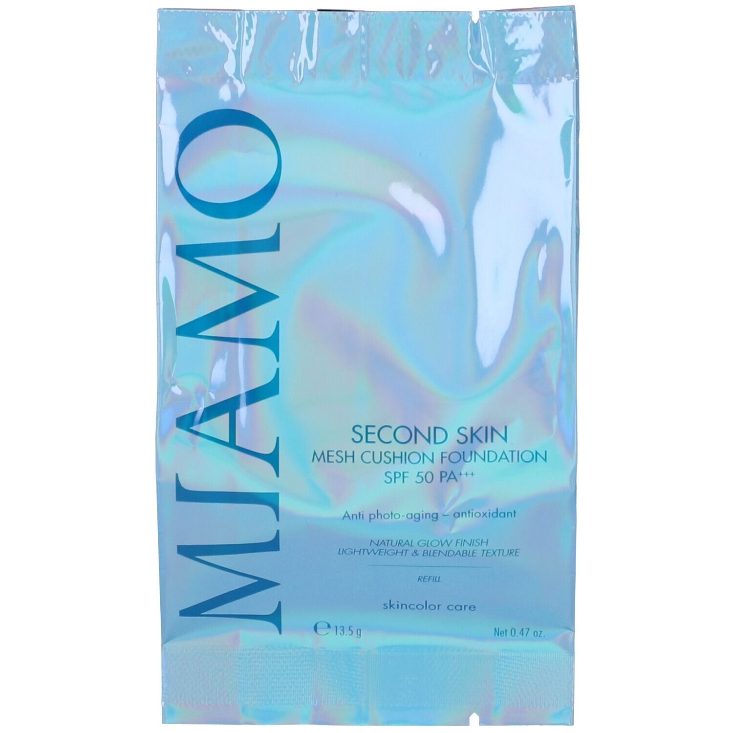 Miamo Second Skin Mesh Cushion Foundation Ricarica. Confezione olografica. Testo: SPF 50 PA+++, Anti-foto-invecchiamento, finitura naturale.