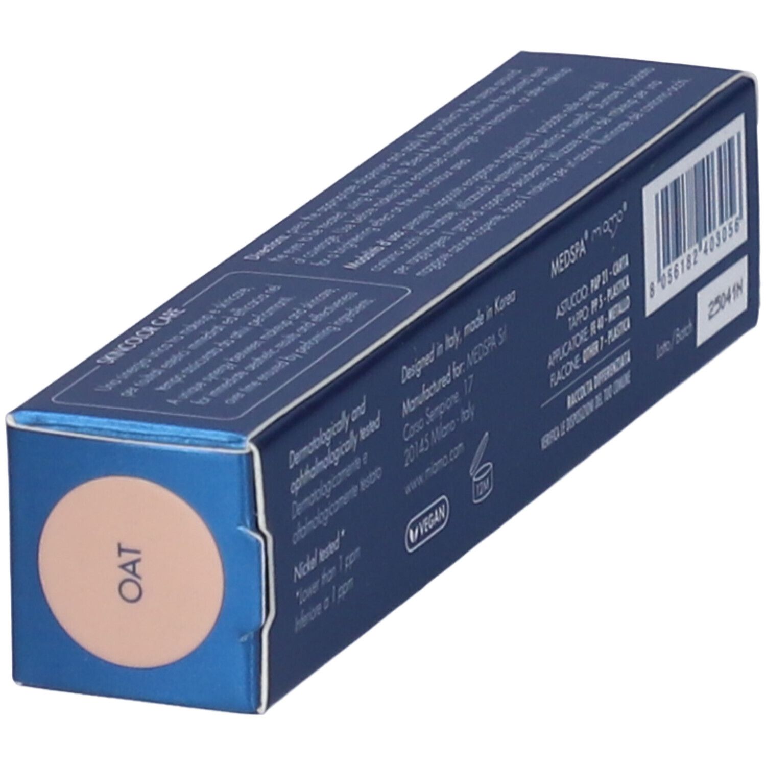 Retro di una scatola blu. Testo: MEDSPA, prodotto per MEDSPA Srl, Vegan, testato al nichel. Tonalità: OAT. Numero di lotto.