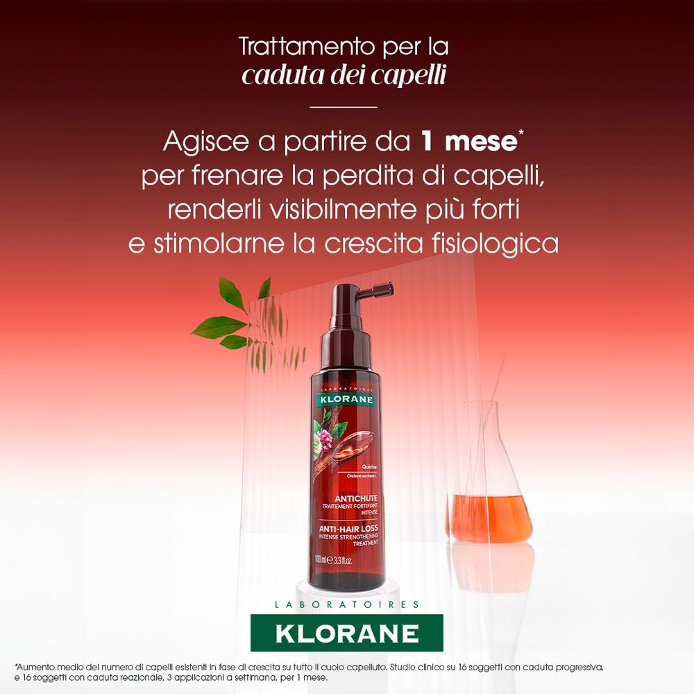 Klorane Anti-Haarausfall-Behandlung in einer braunen Sprühflasche mit Applikator.