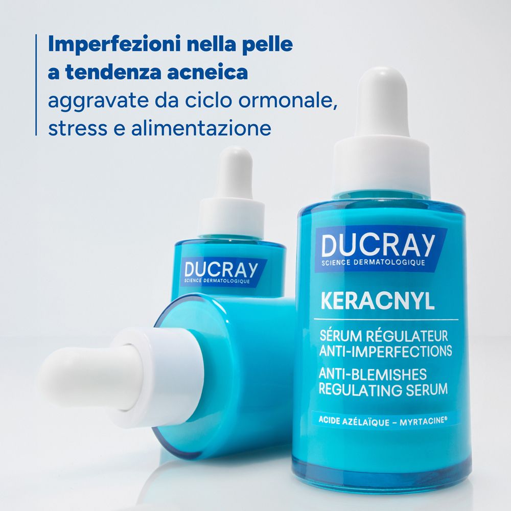 Due flaconi di siero Ducray Keracnyl su sfondo bianco. Testo: Imperfezioni nella pelle a tendenza acneica.