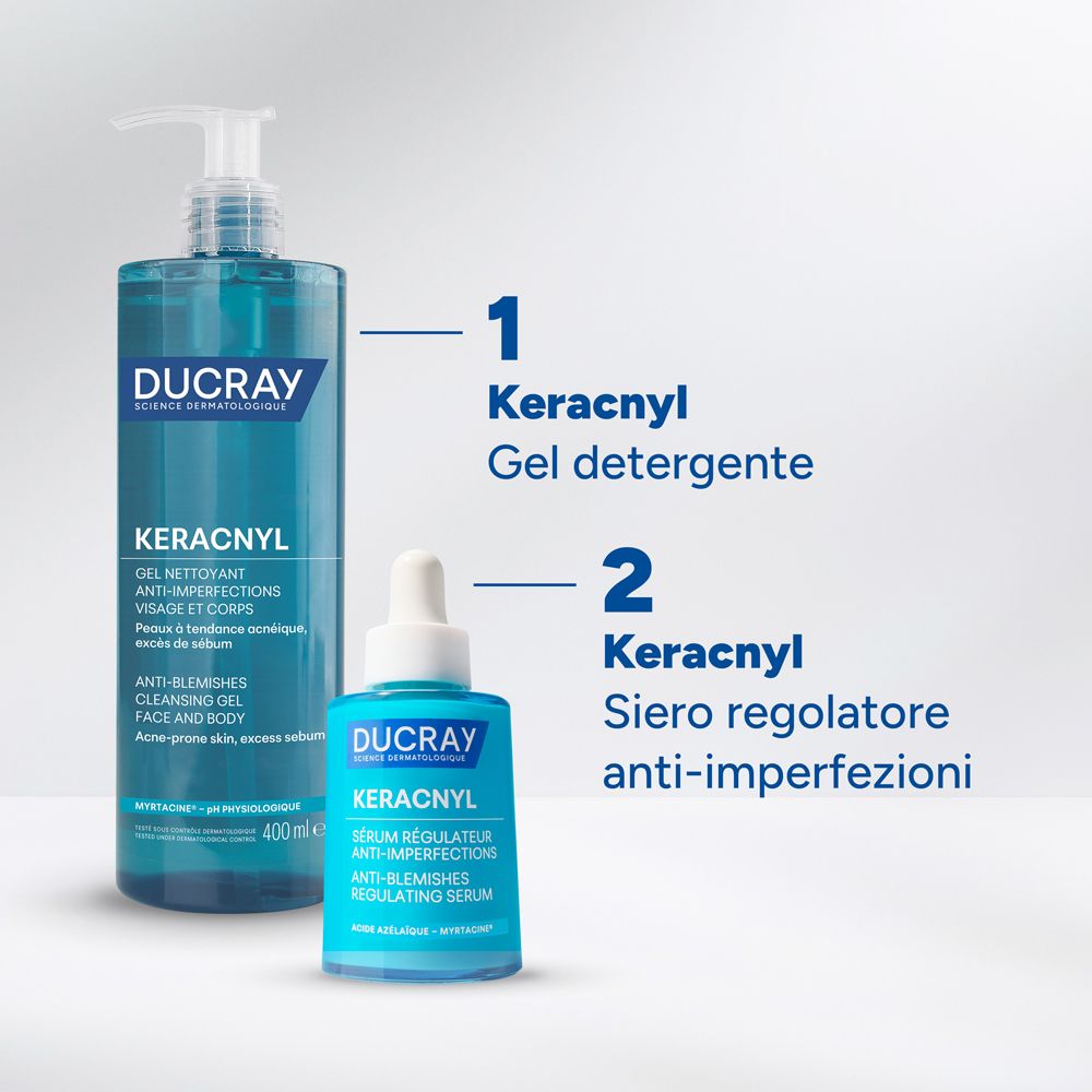 Gel detergente Ducray Keracnyl (400ml) e siero regolatore (30ml).