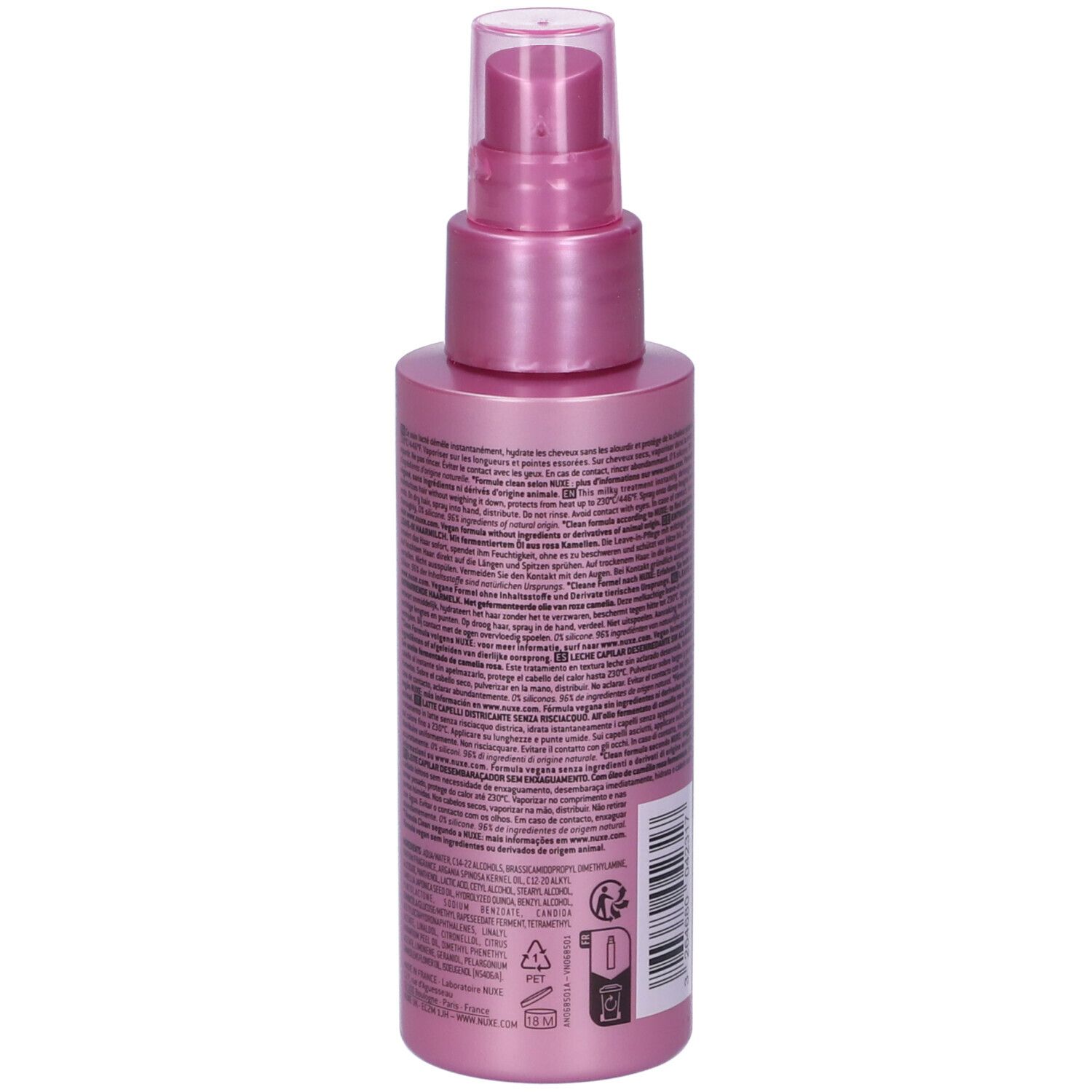 Rosa Pumpsprühflasche mit Textaufdruck und Barcode.