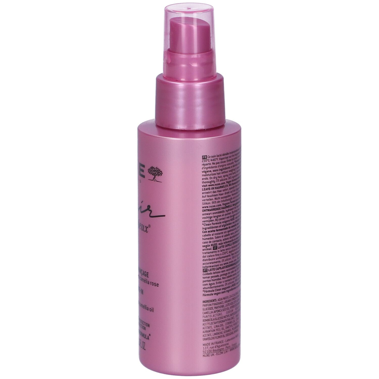 Rosa Haarelessenz-Flasche mit Pumpspender und Etikett.