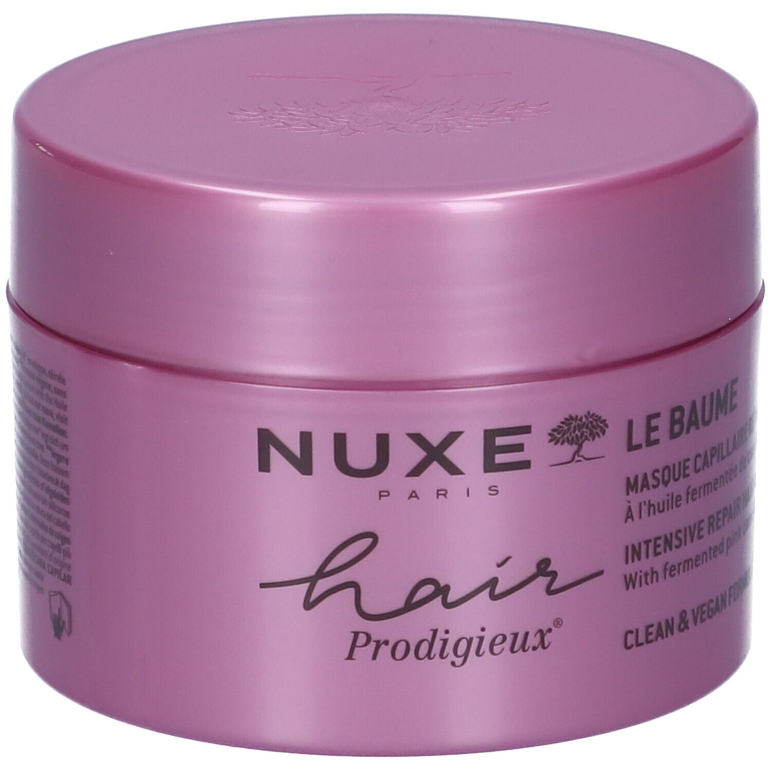 Nuxe Hair Prodigieux Le Baume Haarkur in einem runden, rosa Tiegel. Beschriftung: Nuxe Paris, hair Prodigieux, Le Baume, Masque Capillaire, Intensive Repair.