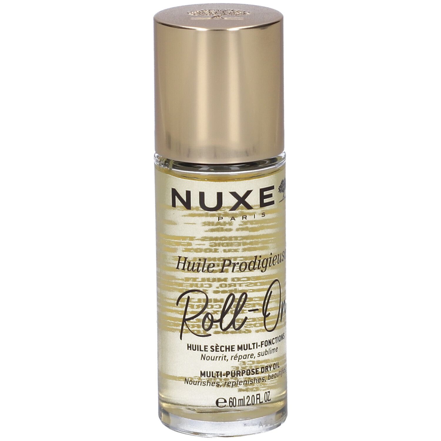 Klarflüssiges Öl in einer Glasflasche mit goldenem Deckel. Beschriftung: Nuxe, Huile Prodigieuse Roll-On, Multi-Purpose Dry Oil.