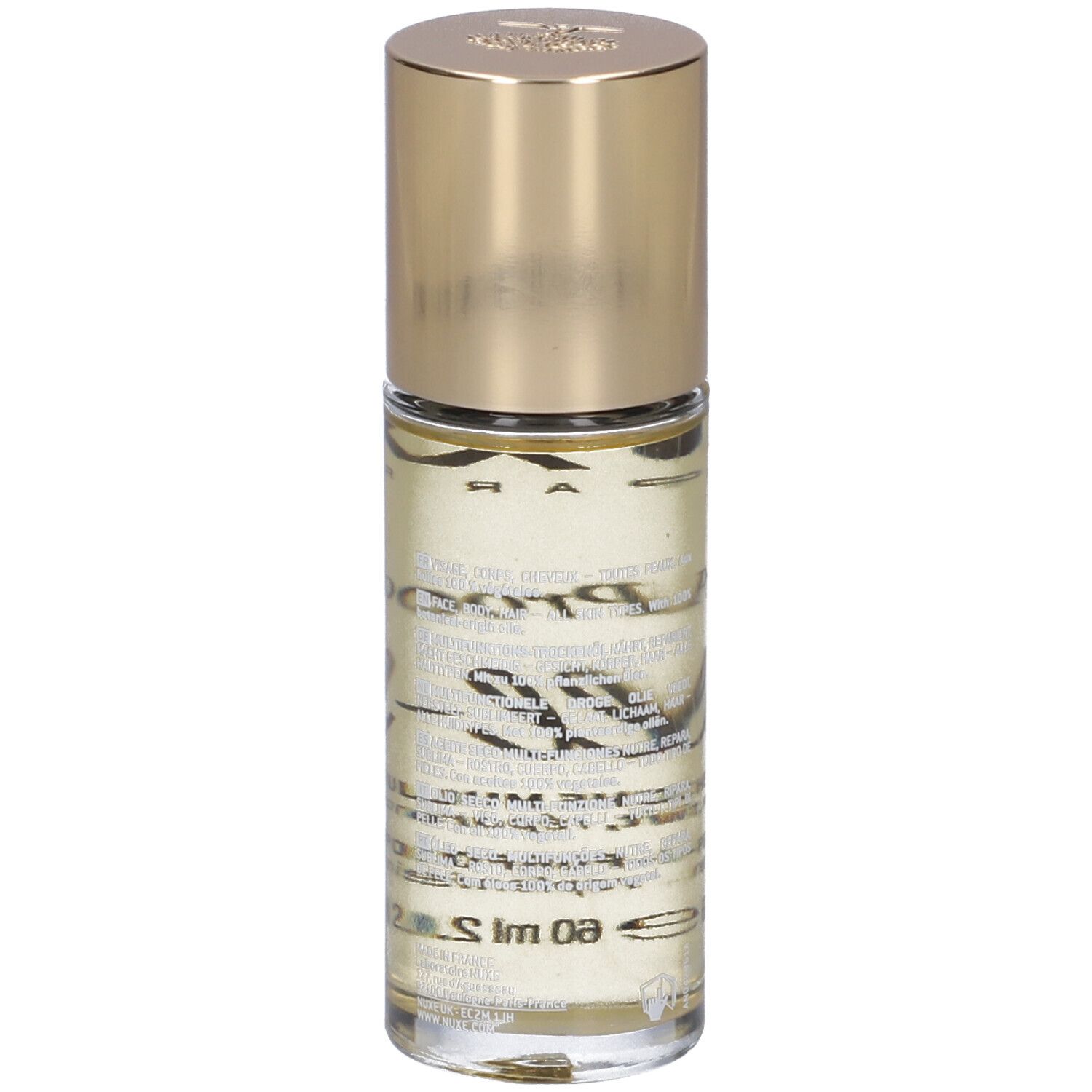 Glasflasche mit goldenem Deckel. Beschriftung: Nuxe, Huile Prodigieuse Roll-On. Aufschrift: Multi-Purpose Dry Oil.