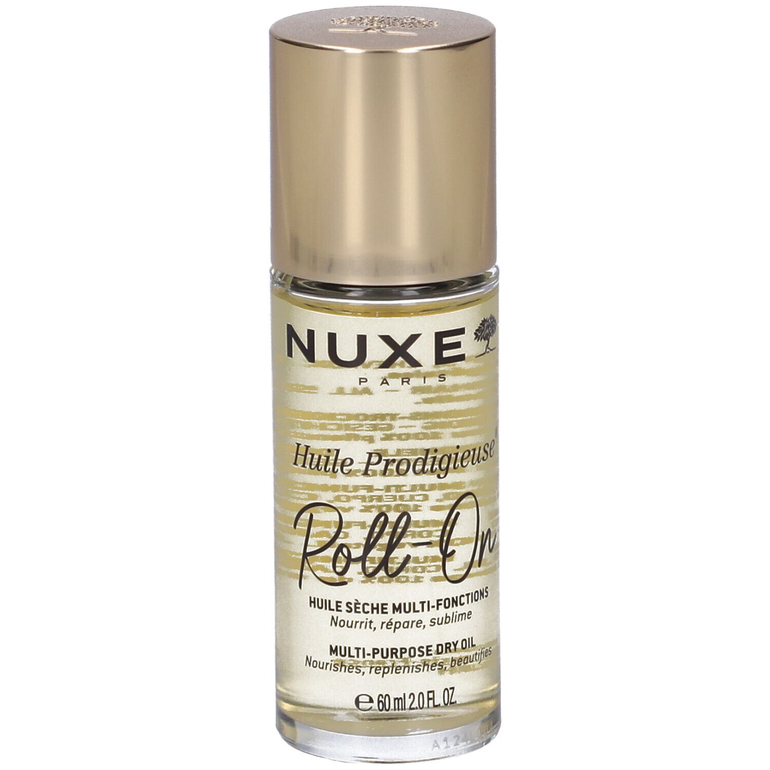 Klarflüssiges Öl in einer Glasflasche mit goldenem Deckel. Beschriftung: Nuxe, Huile Prodigieuse Roll-On, Multi-Purpose Dry Oil.