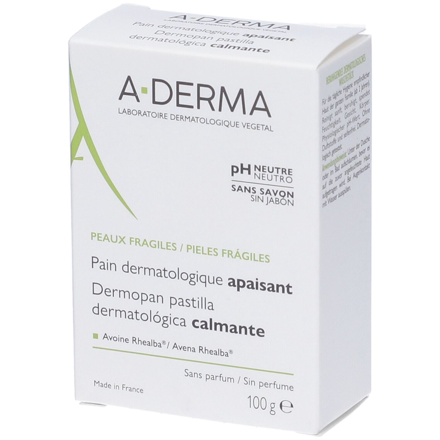 Scatola bianca. Logo A-DERMA. Testo: Pain dermatologique apaisant. pH Neutro. Senza sapone. 100g.