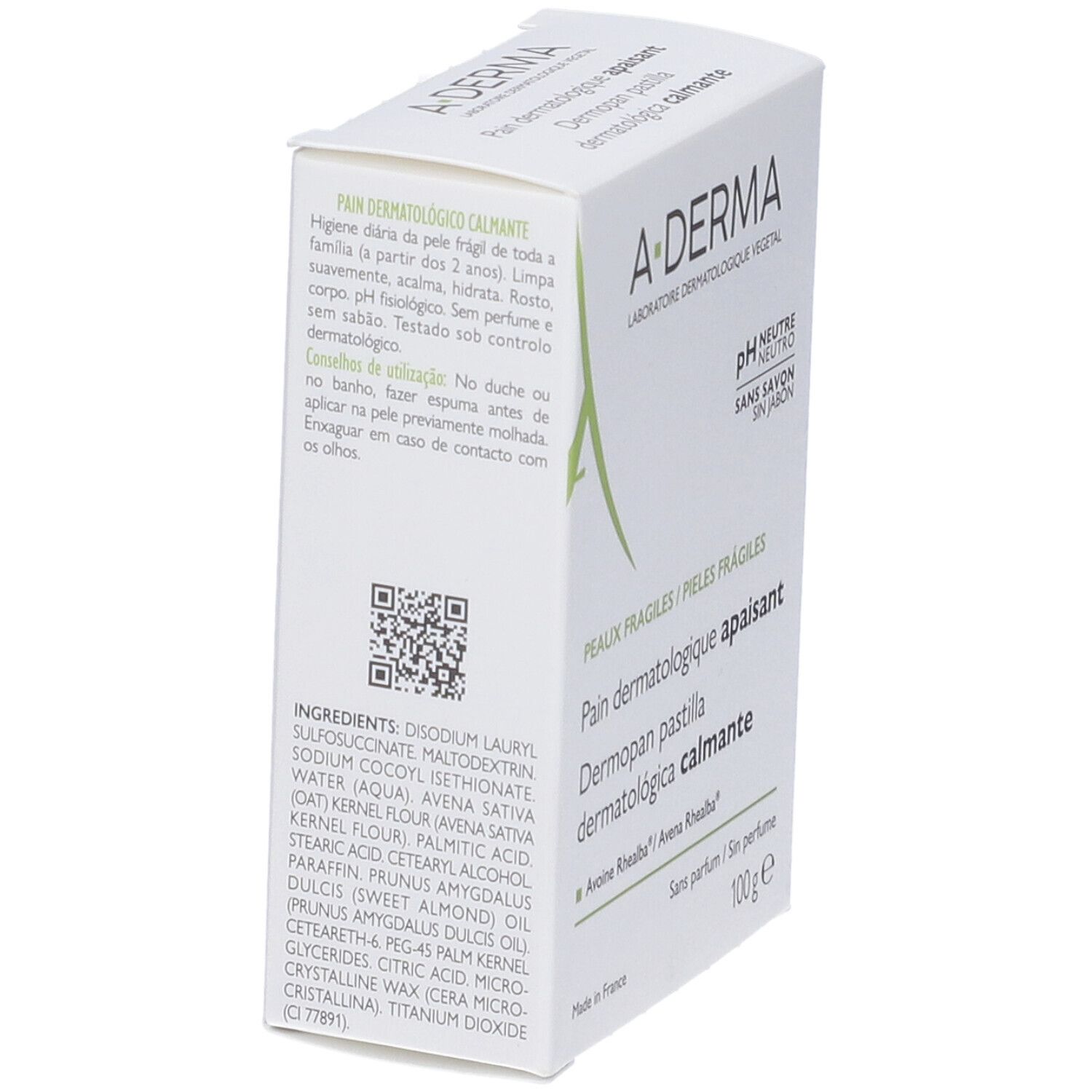 Scatola bianca. Logo A-DERMA. Testo: Pain dermatologique apaisant. Ingredienti. Codice QR.