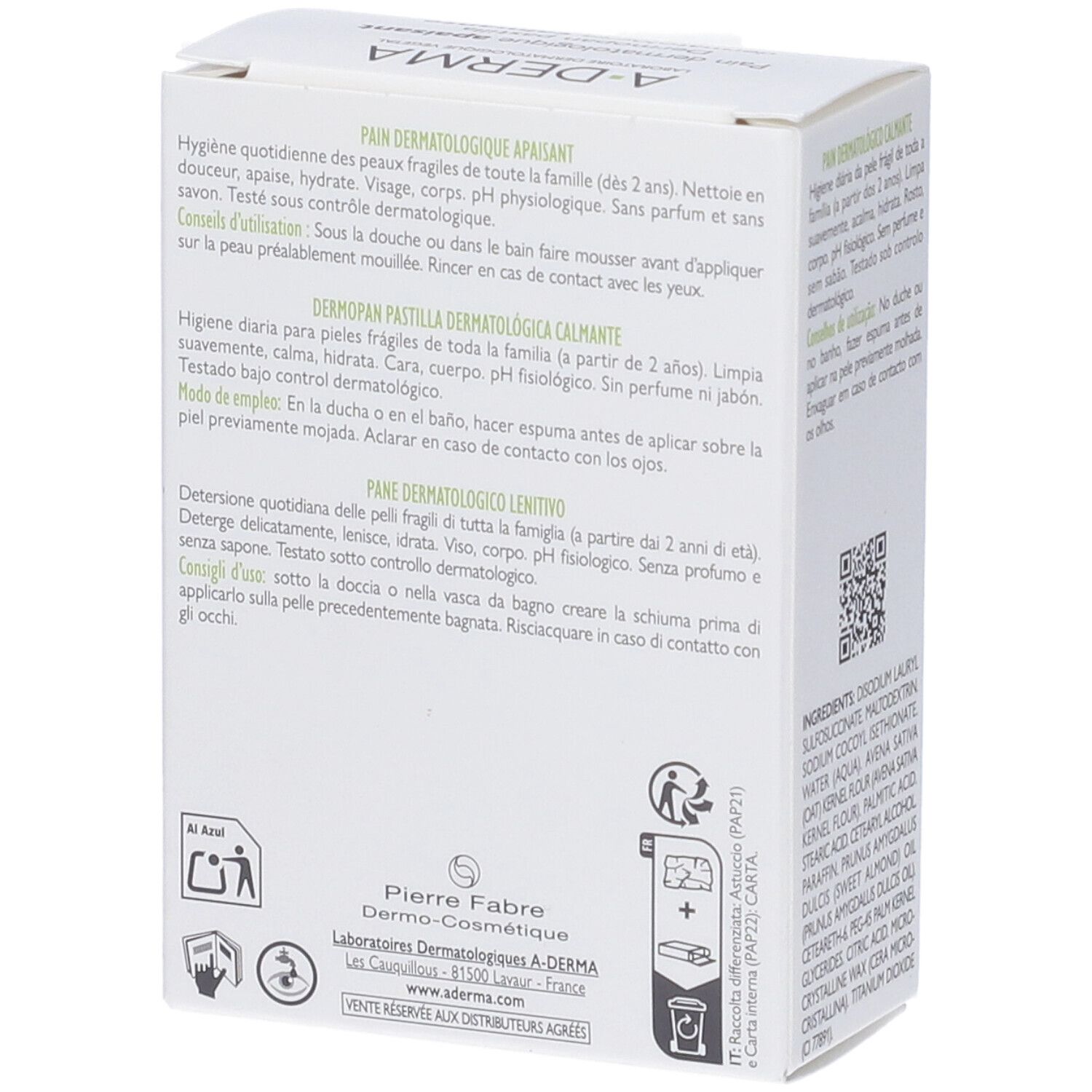 Scatola bianca. Logo A-DERMA. Testo: Pain dermatologique apaisant. Info produttore. Codice QR.
