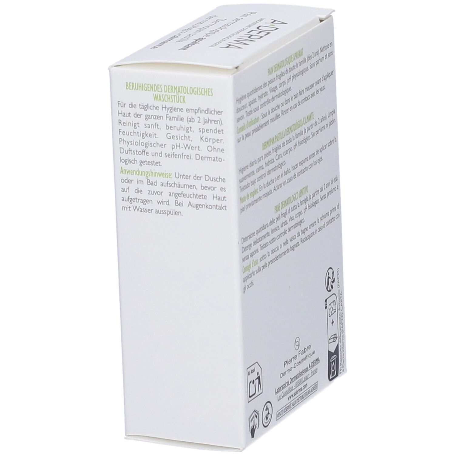 Scatola bianca. Logo A-DERMA. Testo: Pain dermatologique apaisant. Informazioni produttore.