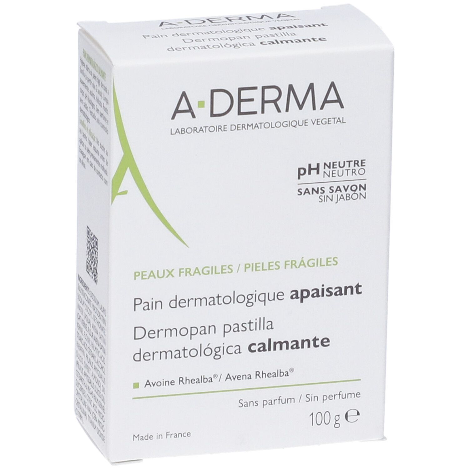 Scatola bianca. Logo A-DERMA. Testo: Pain dermatologique apaisant. pH Neutro. Senza sapone. 100g.