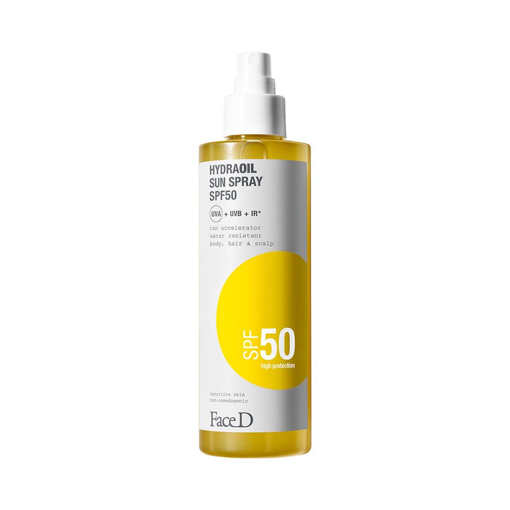 Face D Hydraoil Sun Spray SPF50. Flacone con erogatore spray. Liquido giallo. Scritta SPF50. Per pelli sensibili.