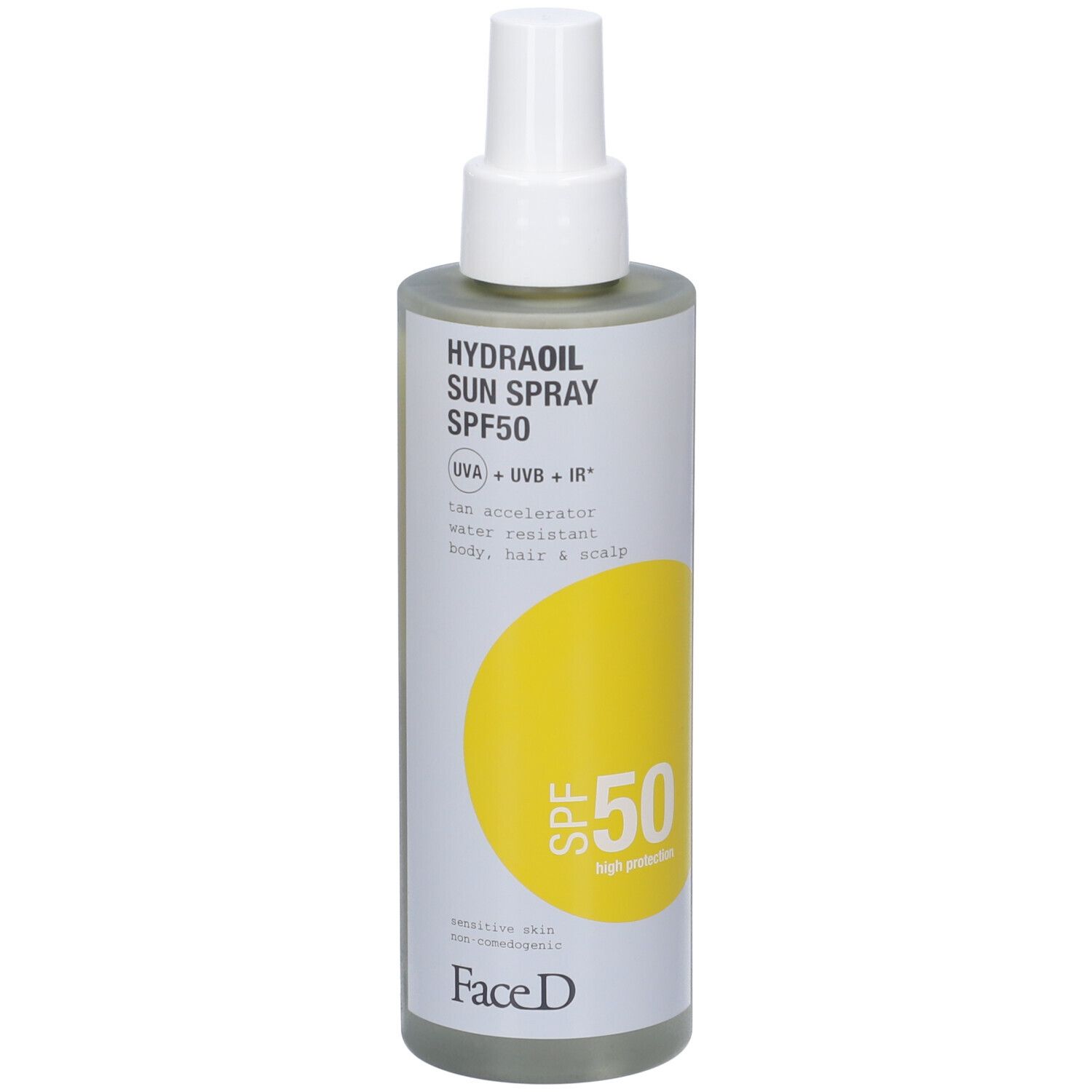 Face D Hydraoil Sun Spray SPF50. Flacone con erogatore spray. Liquido giallo. Scritta SPF50. Per pelli sensibili.
