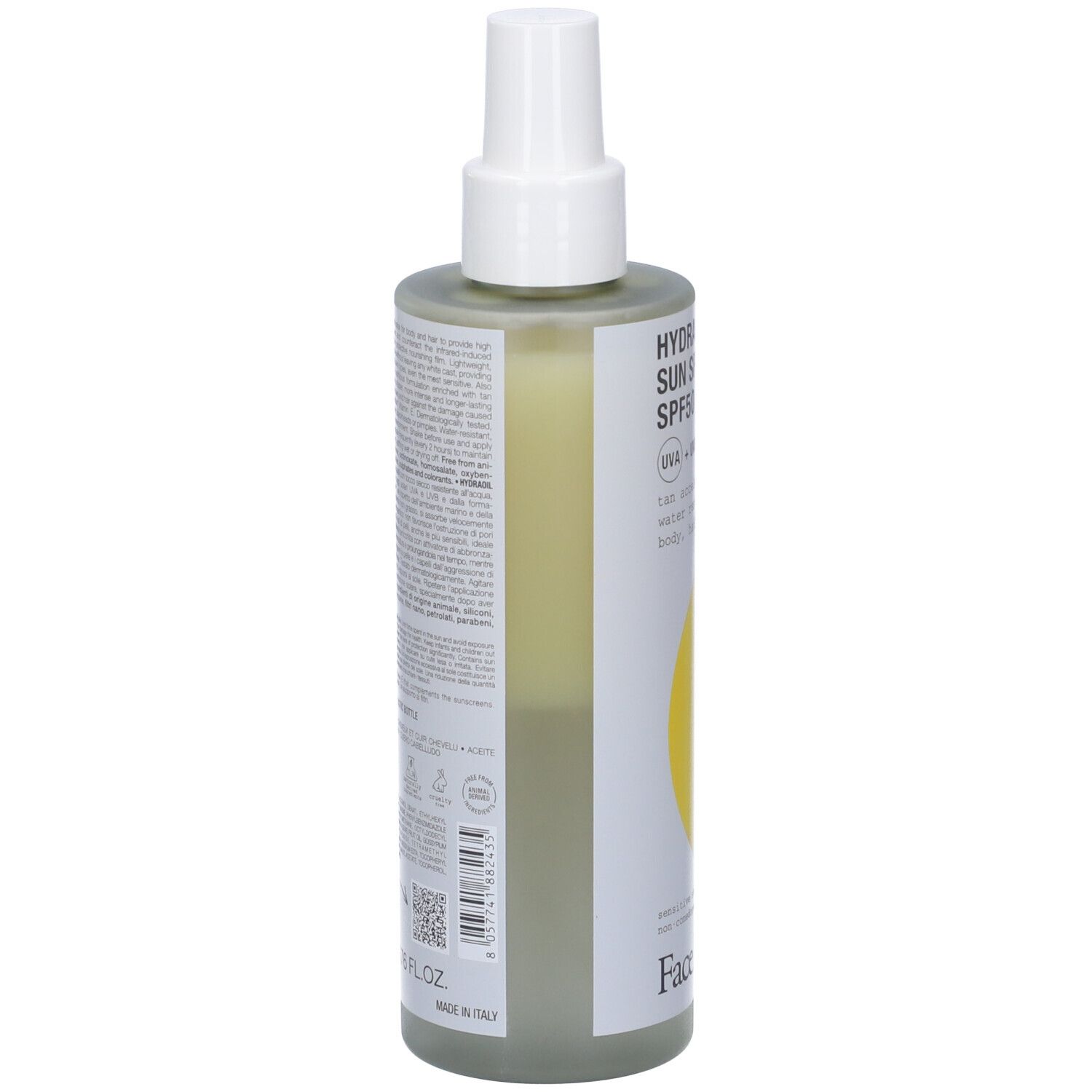 Face D Hydraoil Sun Spray SPF50. Flacone con erogatore spray. Retro con testo. Flacone in plastica riciclata al 100%. 200 ml.