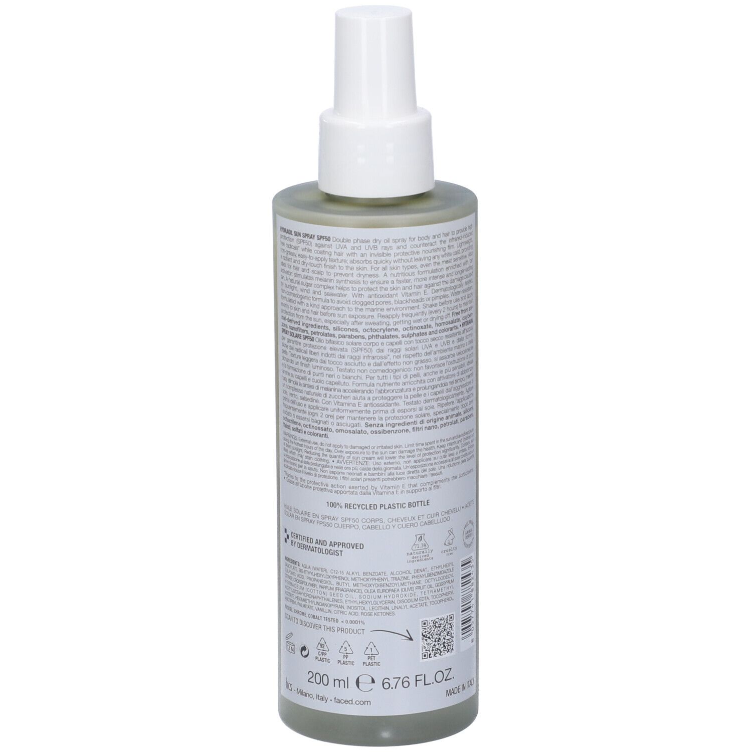 Face D Hydraoil Sun Spray SPF50. Flacone con erogatore spray. Retro con testo. Flacone in plastica riciclata al 100%. 200 ml.