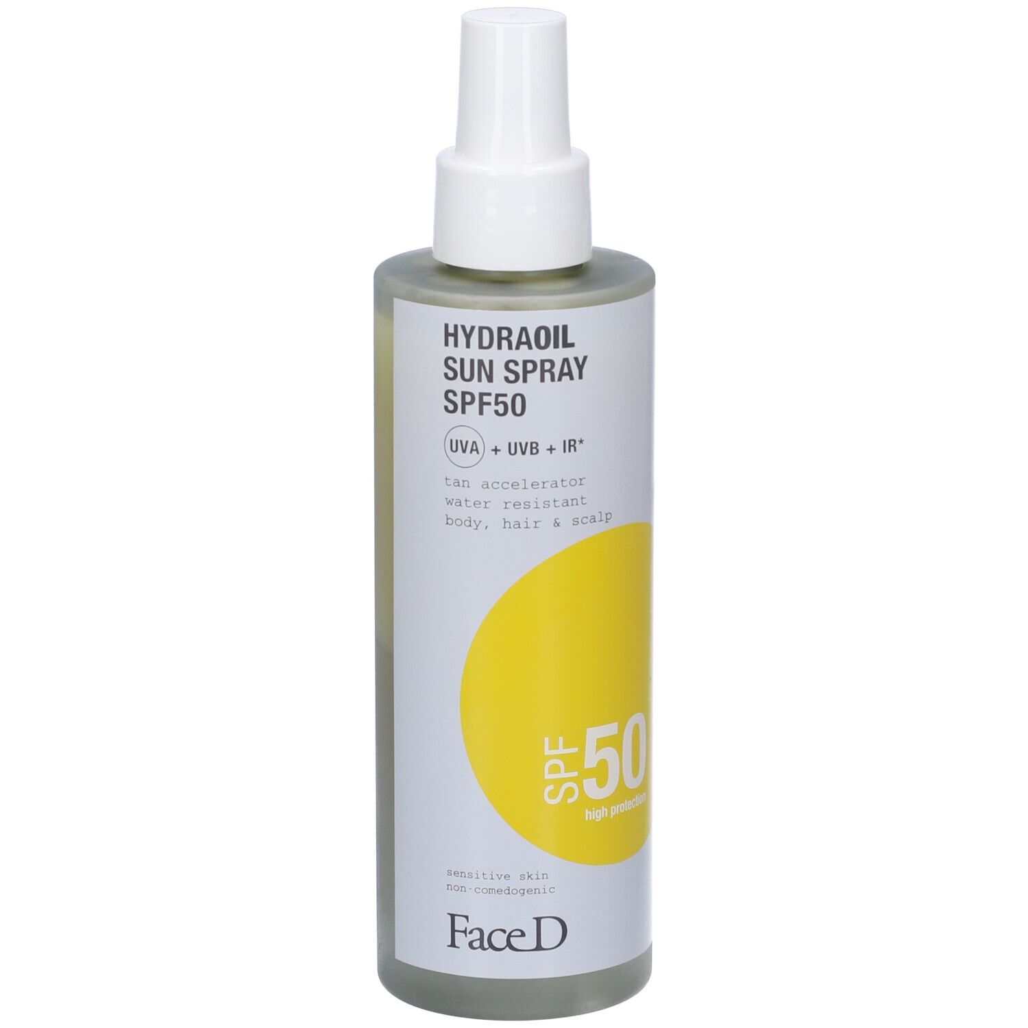 Face D Hydraoil Sun Spray SPF50. Flacone con erogatore spray. Liquido giallo. Scritta SPF50. Per pelli sensibili.